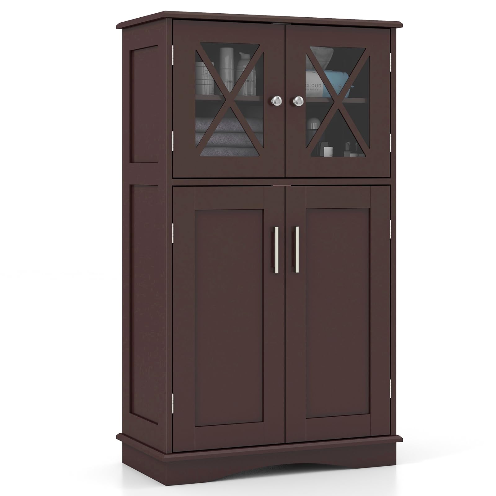 Giantex Bathroom Floor Storage Cabinet - Linen Floor Cabinet with Doors and Adjustable Shelves