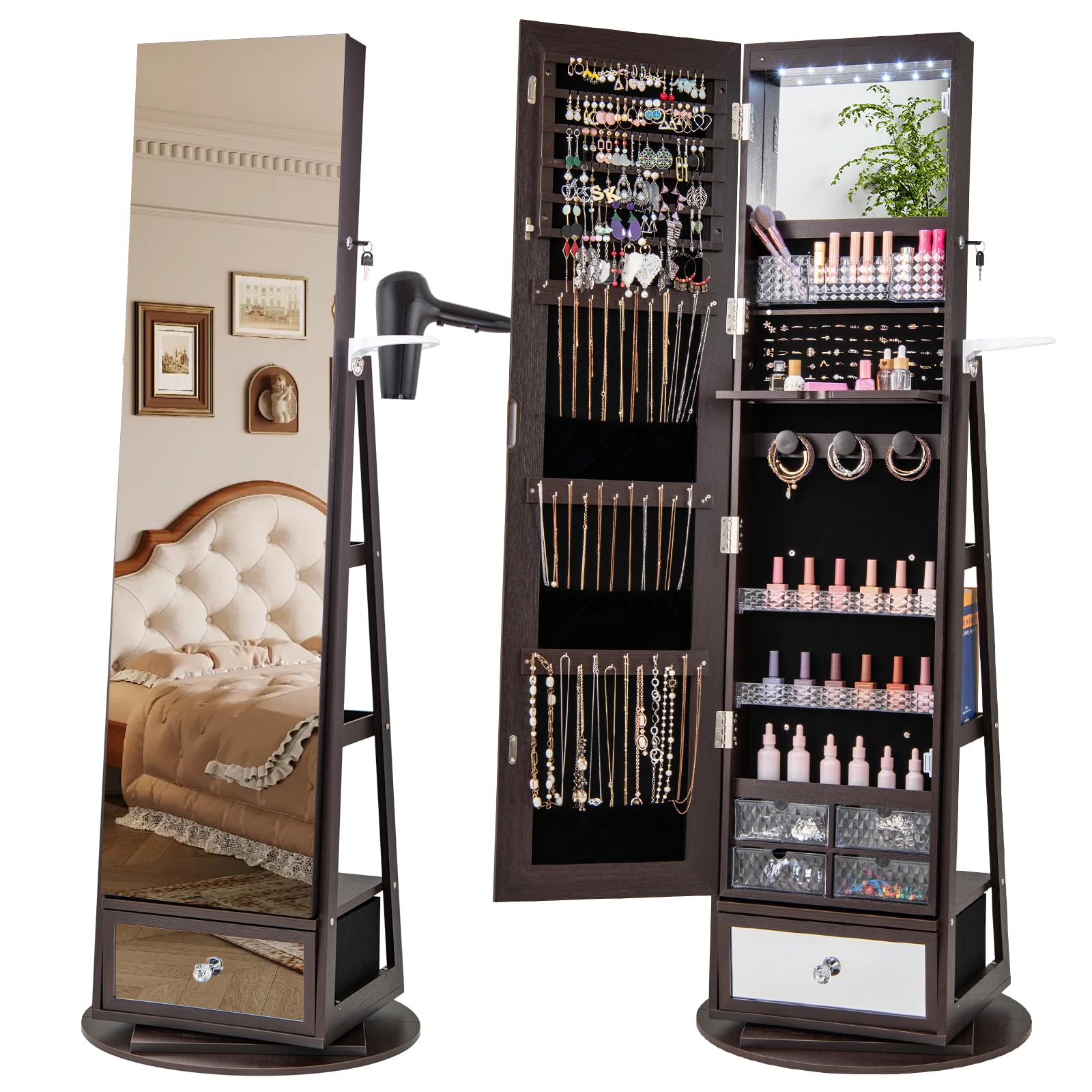 CHARMAID 360° Swivel Jewelry Cabinet Armoire with 64.5" H Full Length Mirror