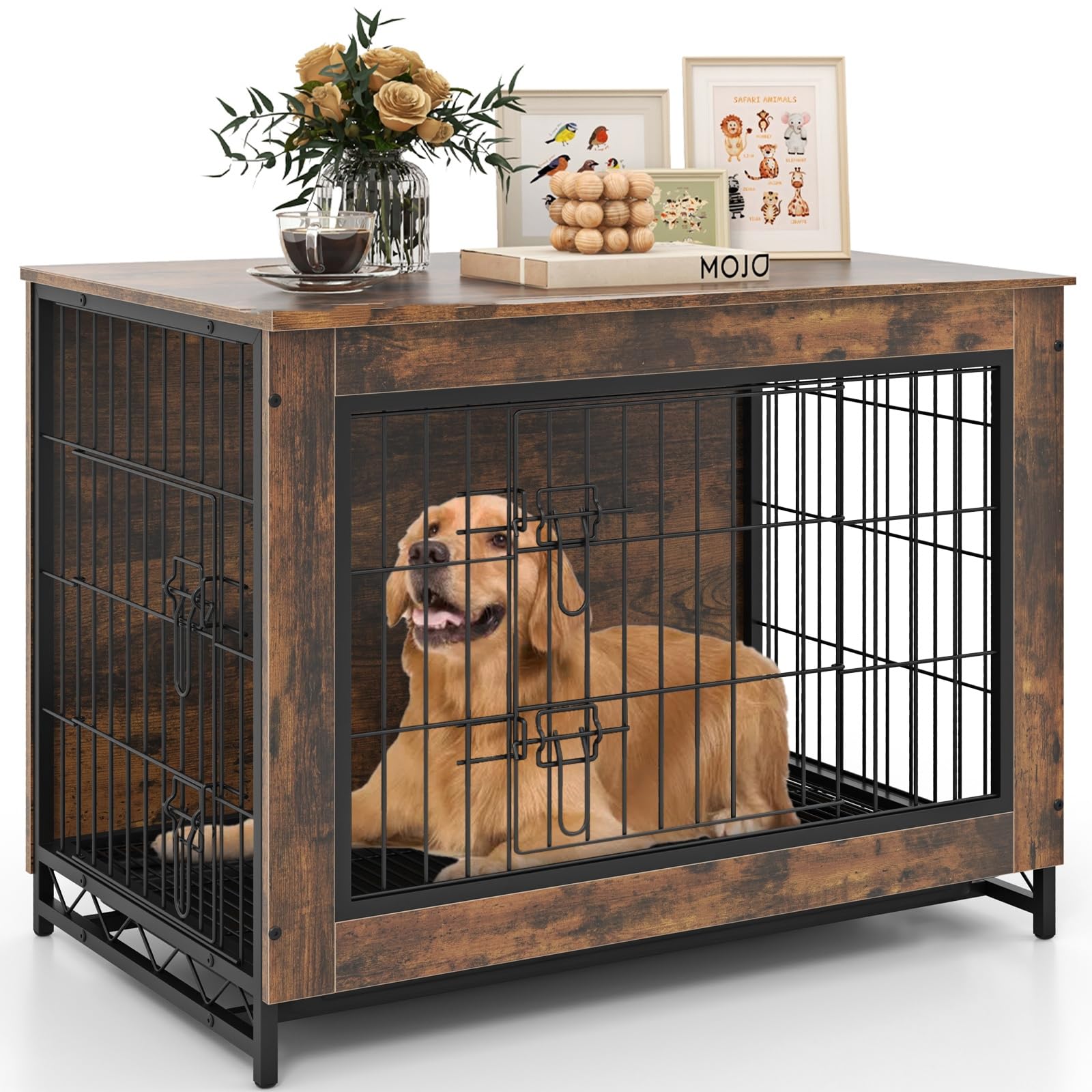 Giantex Dog Crate Furniture - Dog Kennel Side Table with Double Doors & Removable Pull-Out Tray