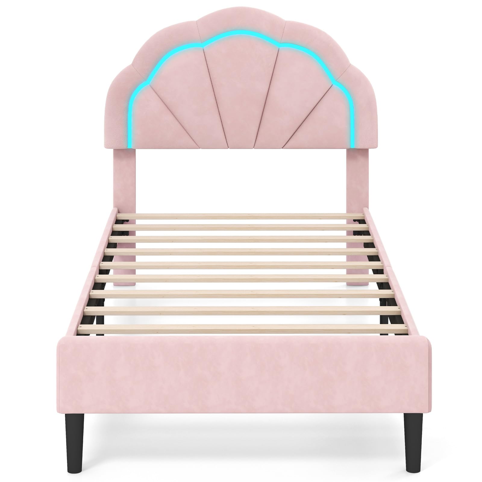 Giantex Full Size LED Bed Frame, Velvet Upholstered Full Platform Bed with Adjustable Cloud Headboard