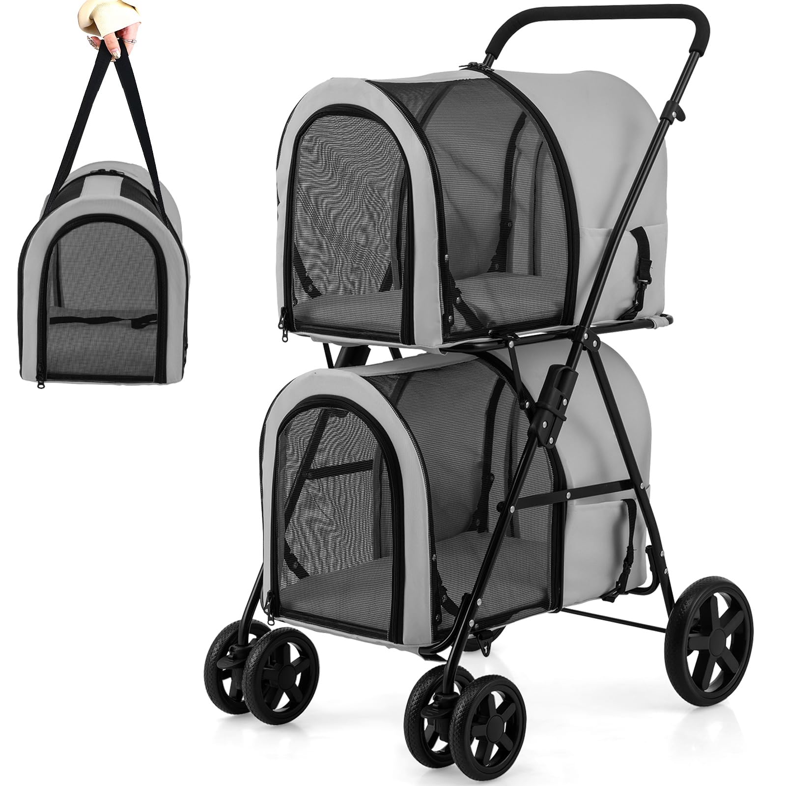 Double Pet Stroller with 2 Detachable Carrier Bags, 4 Lockable Wheels Cat Stroller