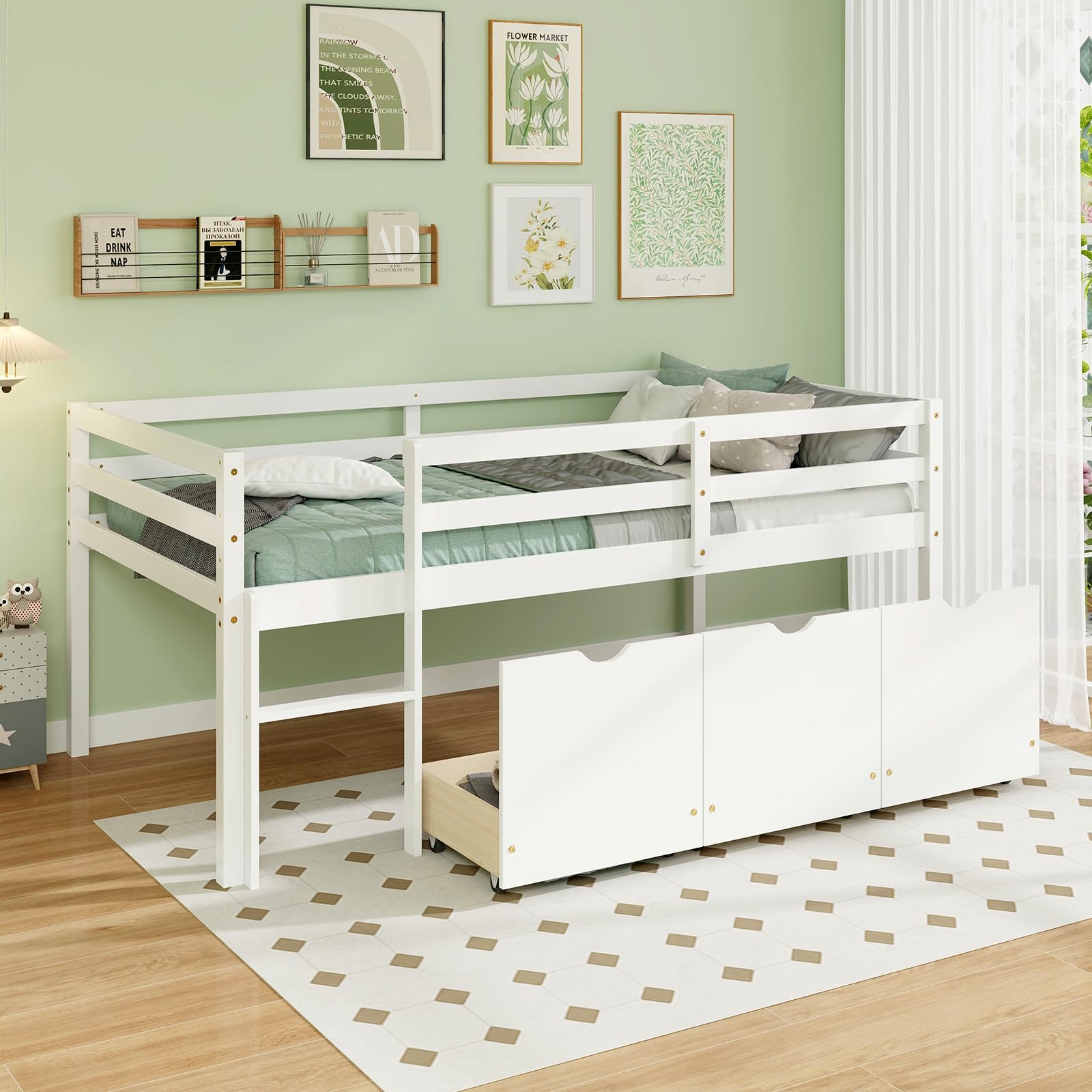 Giantex Twin Low Loft Bed with 3 Drawers, Wooden Loft Bed Frame with Ladder & Full-length Guardrails