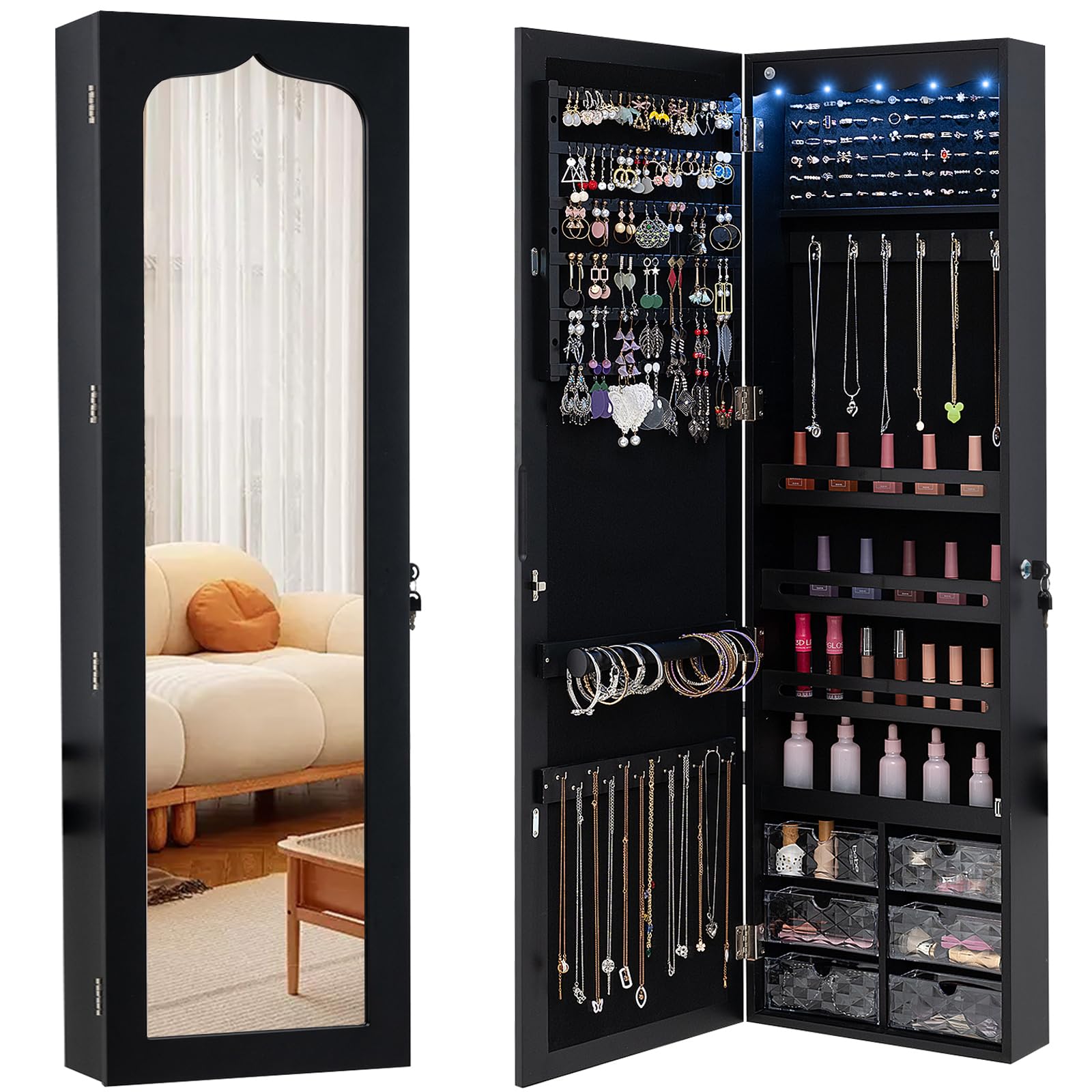 CHARMAID | 5 LEDs Jewelry Armoire Wall Mounted/Door Hanging Mirror