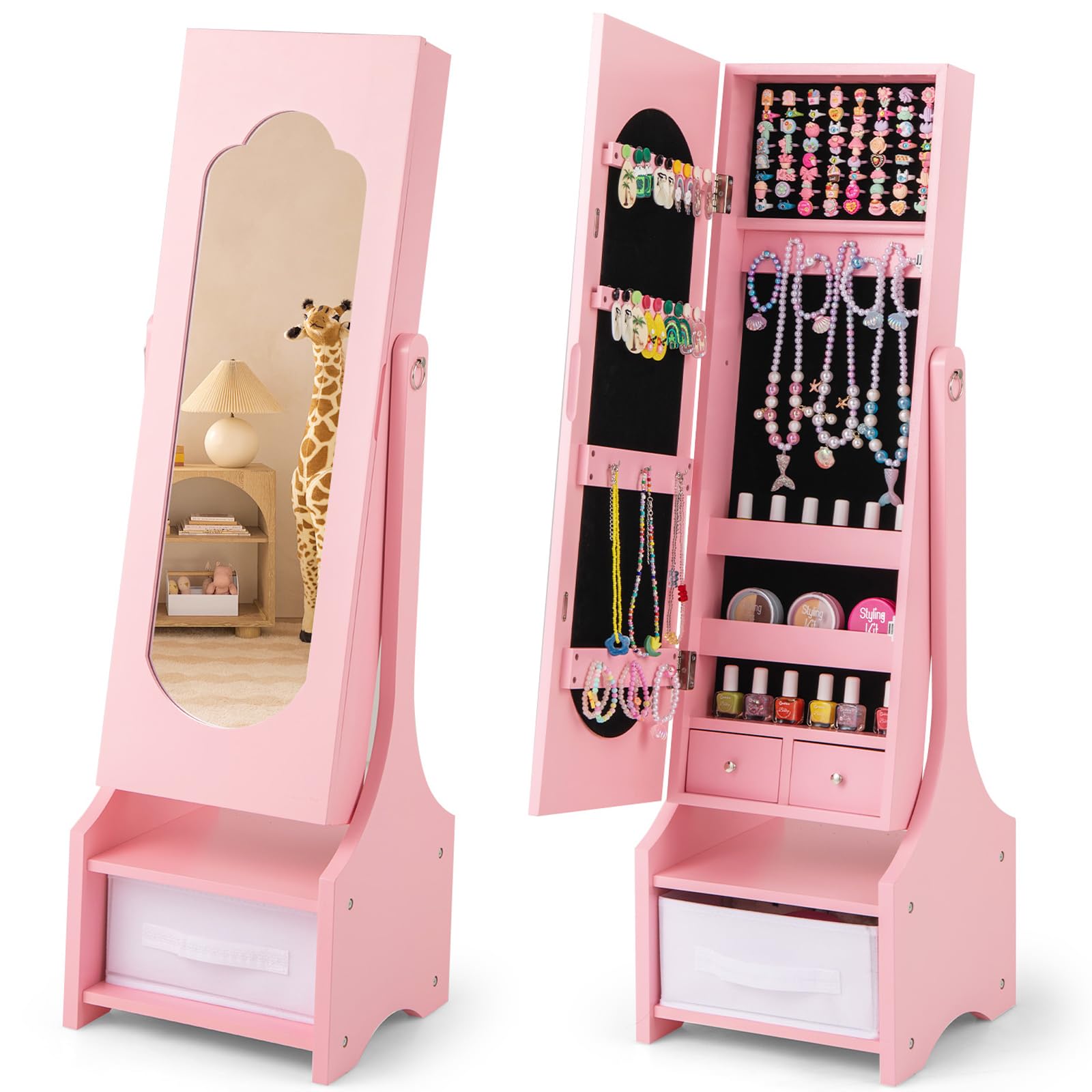 CHARMAID Kids Mirror Jewelry Armoire Cabinet - Standing jewelry Organizer for Girls