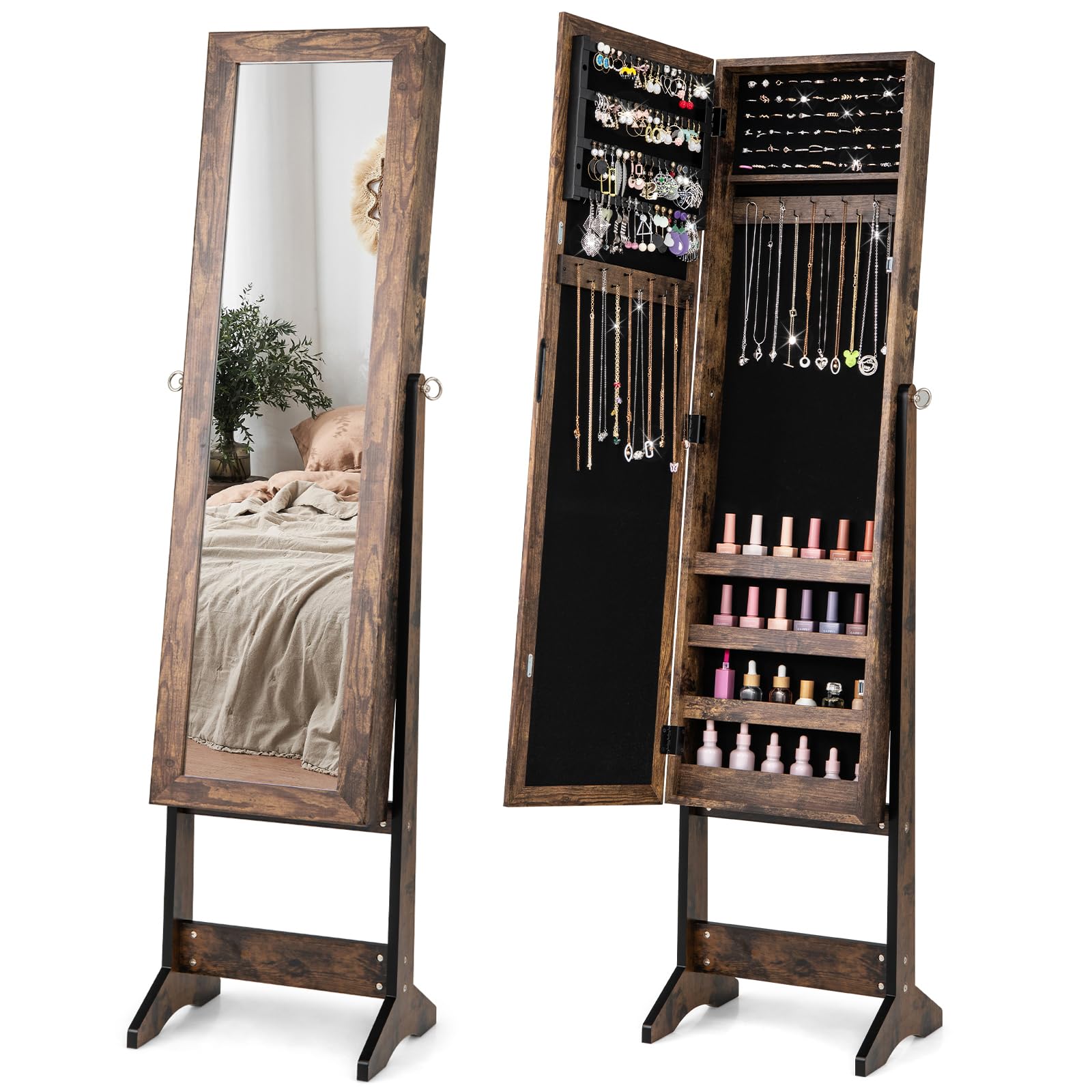 Jewelry Cabinet with Full-Length Mirror, Standing Jewelry Armoire Organizer