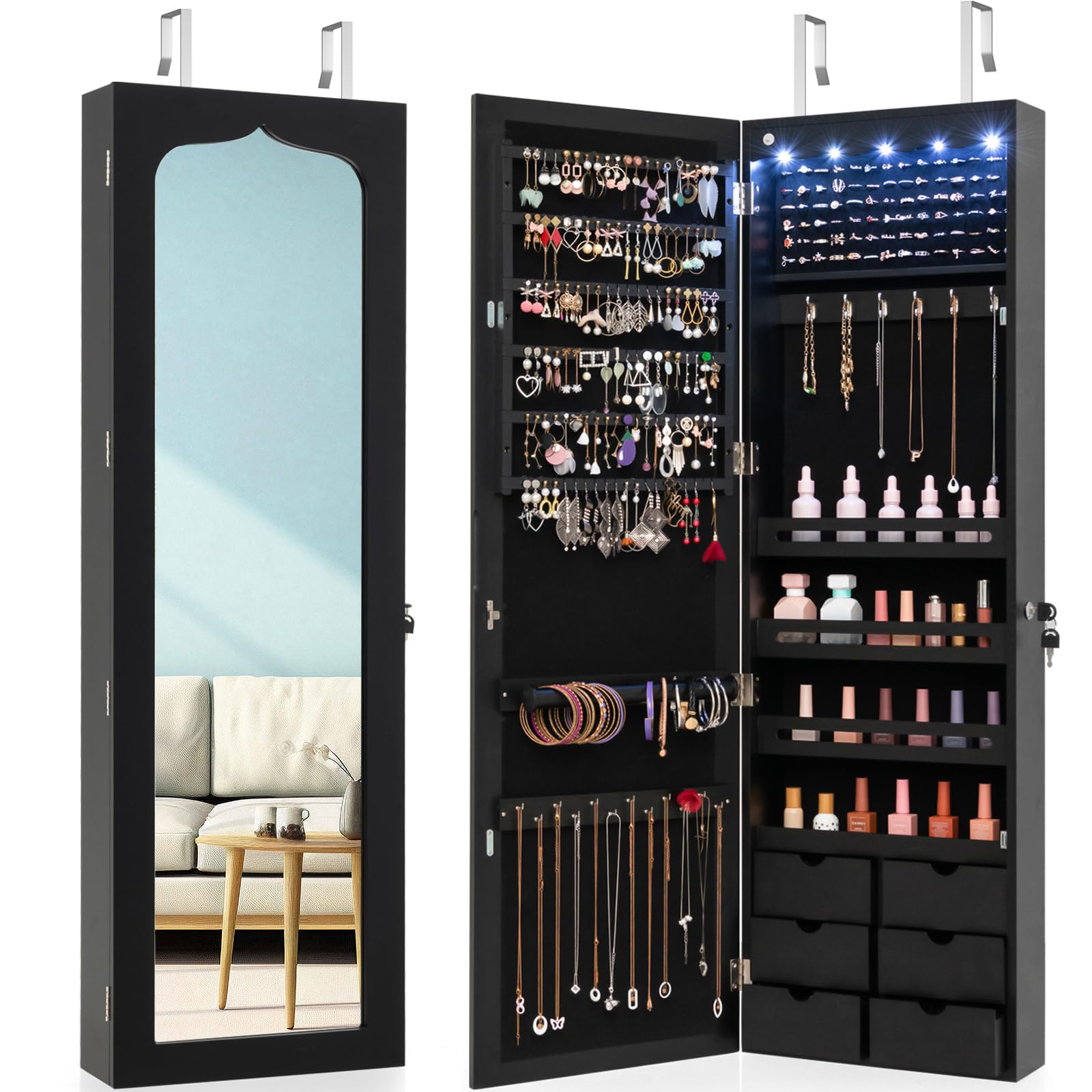 CHARMAID 5 LEDs Mirror Jewelry Armoire Wall Mounted Door Hanging, Lockable Jewelry Cabinet with 47.5"H Full Length Mirror