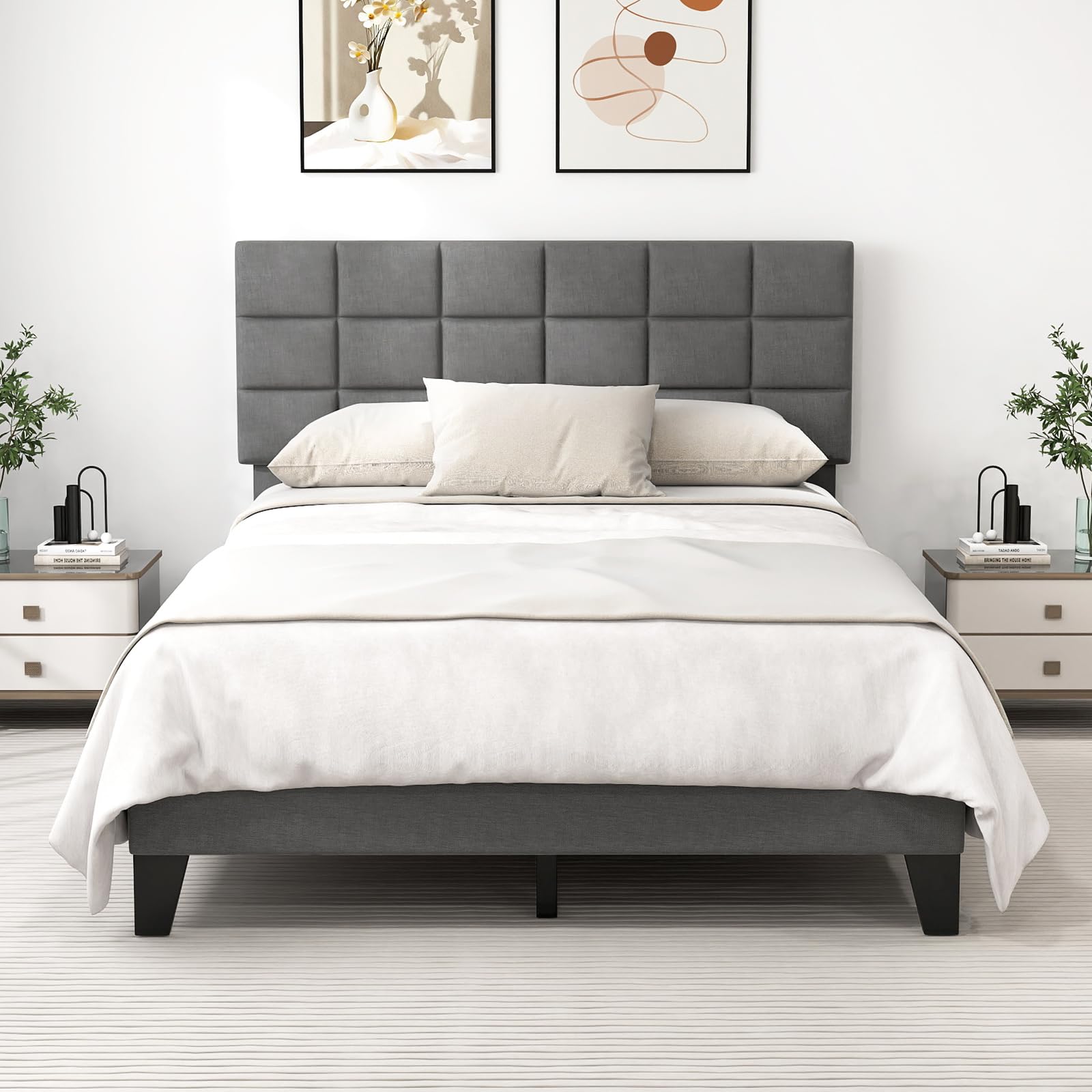 Giantex Full Size Platform Bed, Linen Fabric Upholstered Bed Frame with Adjustable Headboard & Wooden Slat Support