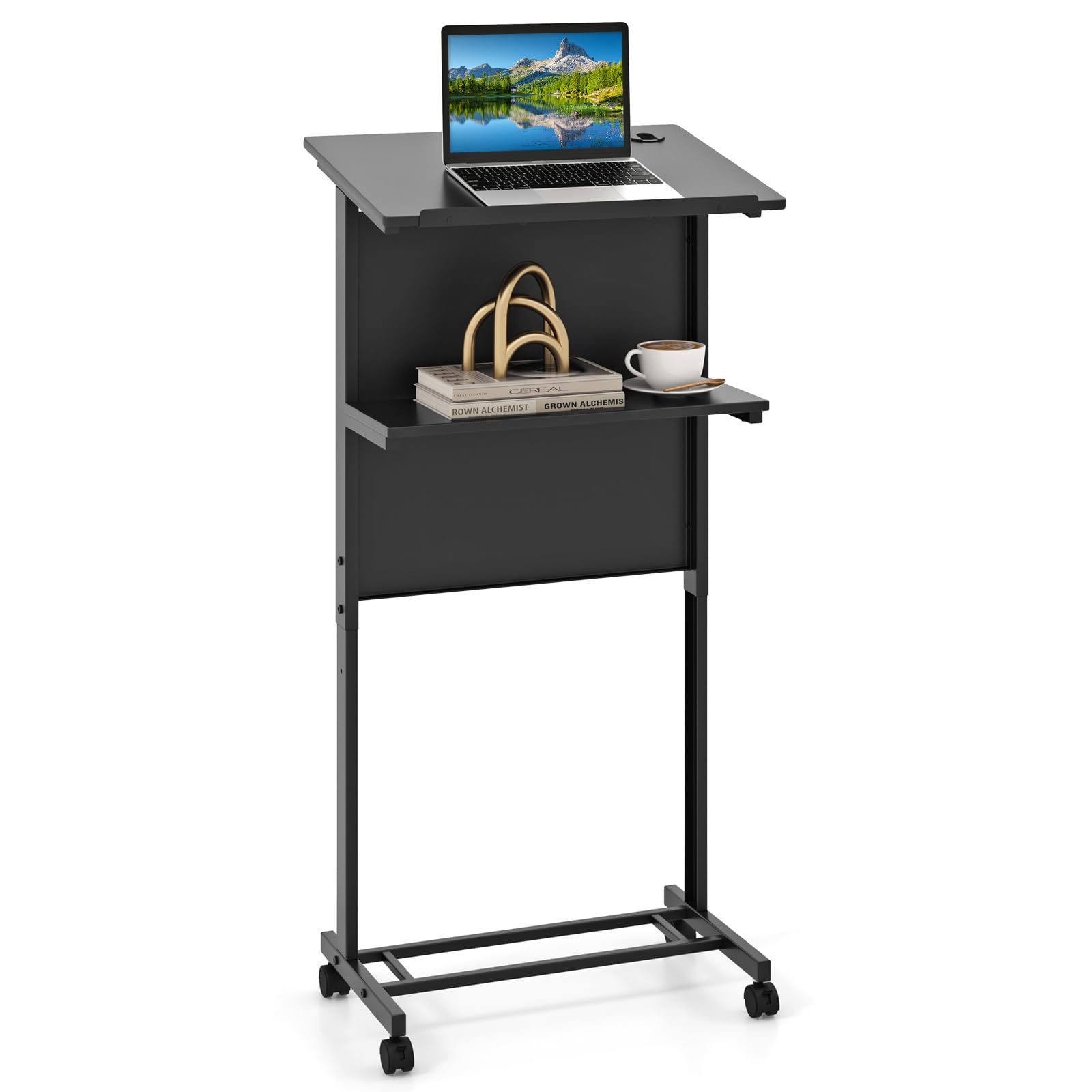 Giantex Mobile Lectern Podium, Height Adjustable Rolling Laptop Cart with Tilting Tabletop