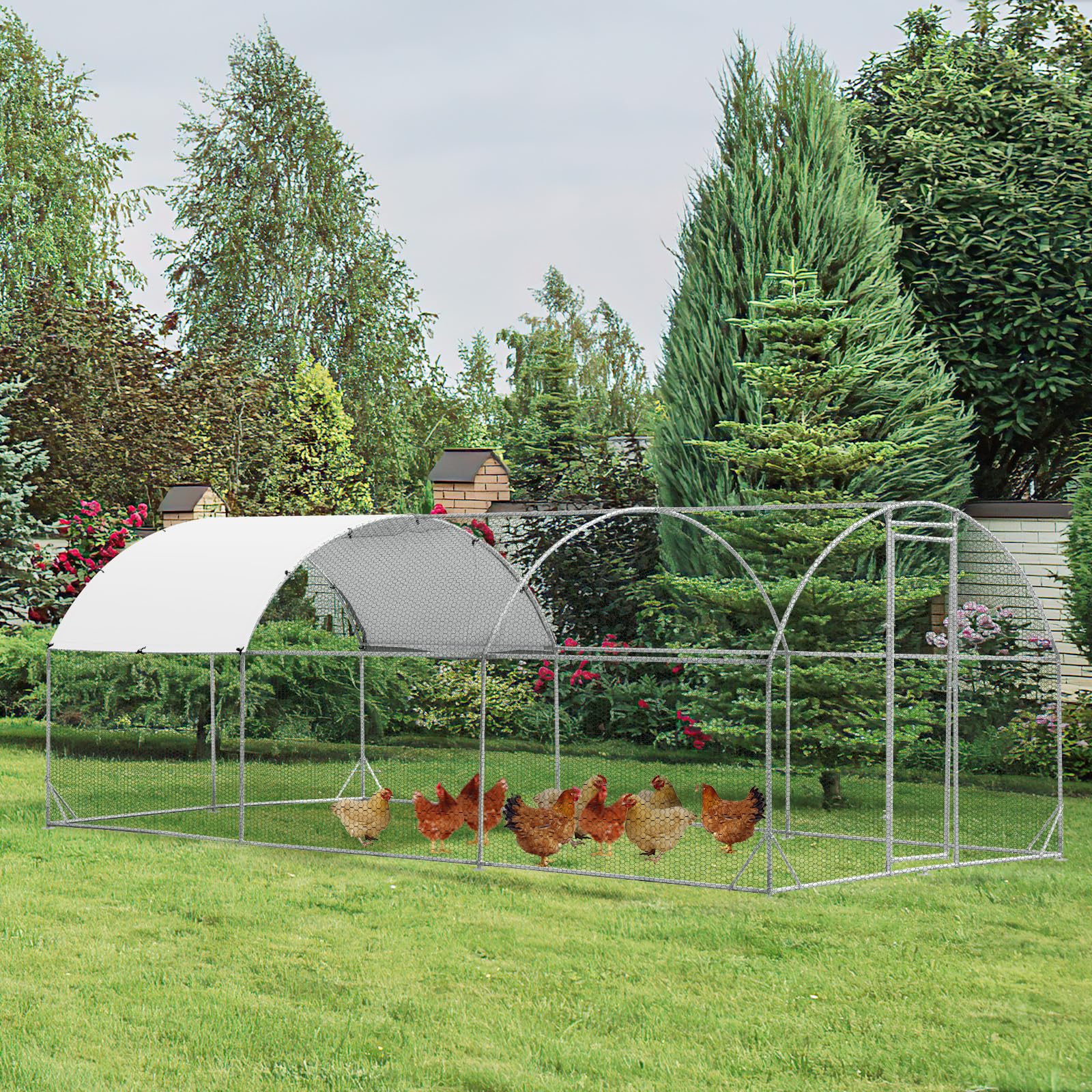 Giantex Metal Chicken Coop, Galvanized Walk-in Chicken Run with Waterproof PE Cover, Dome