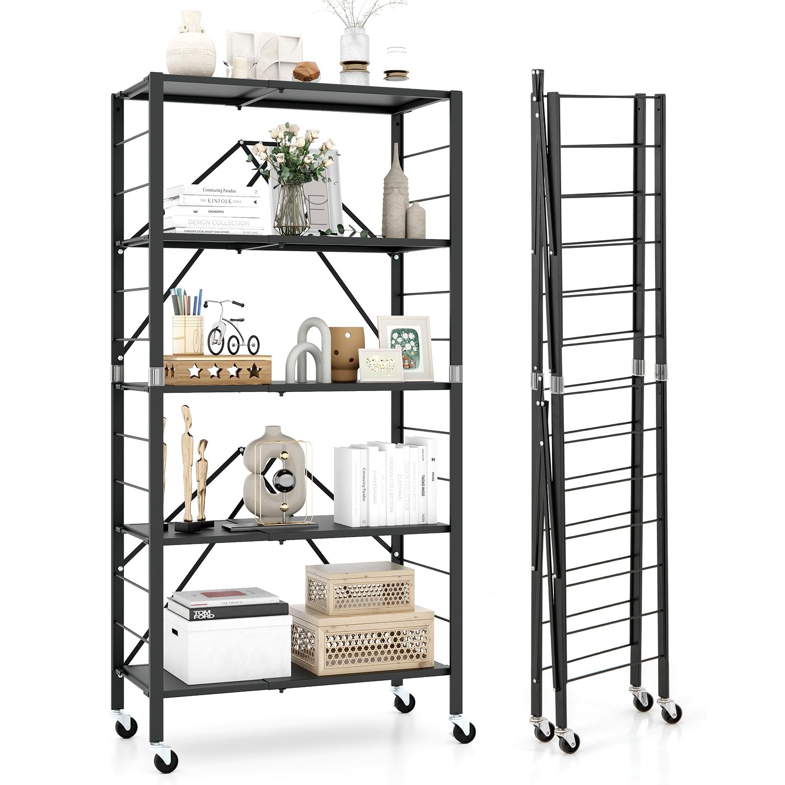 Giantex 5-Tier Foldable Storage Shelf with Wheels Set of 1/2, Collapsible Shelving Unit with Adjustable Shelves