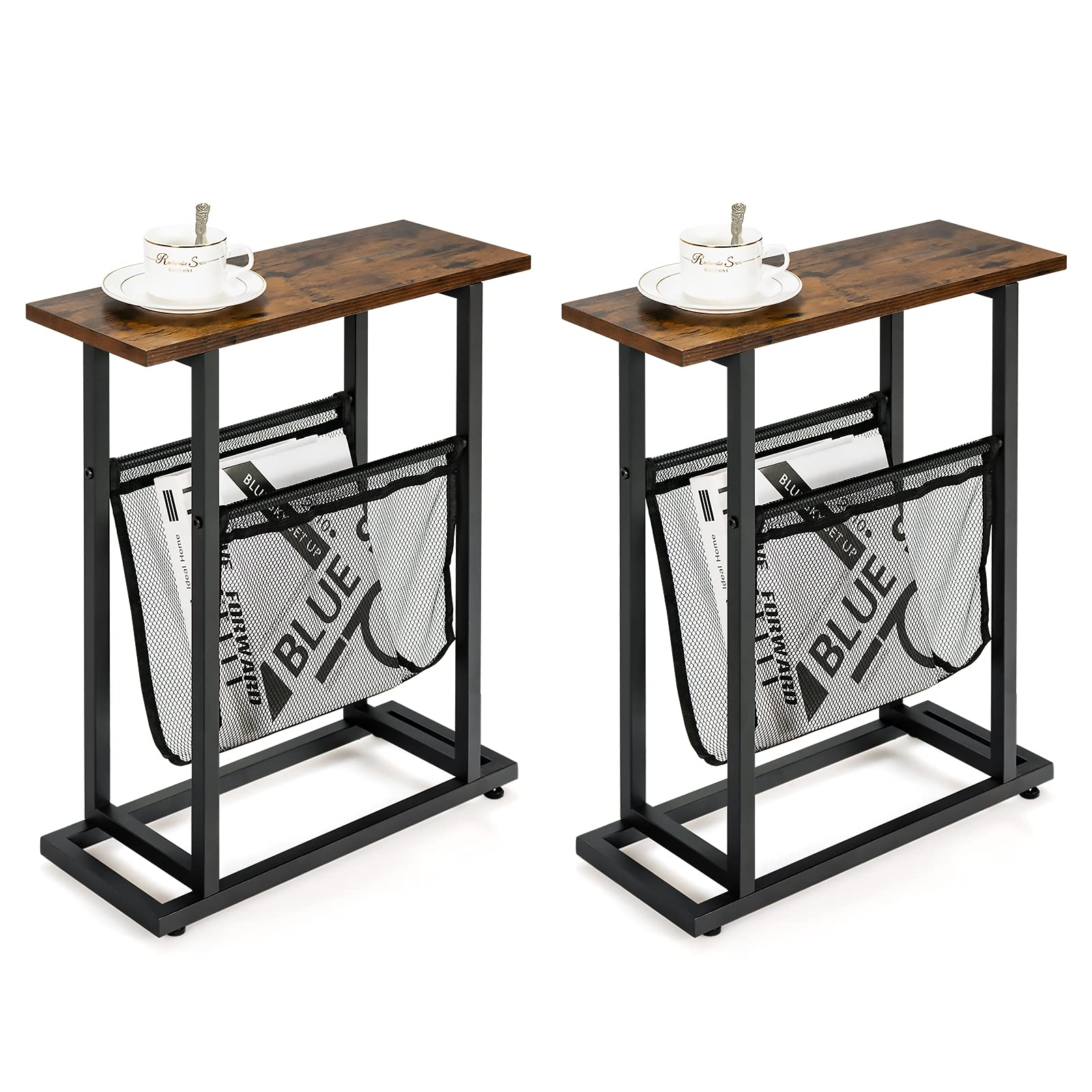 Giantex End Table Industrial 2-Tier Narrow Small Accent Table with Mesh Magazine Holder Sling