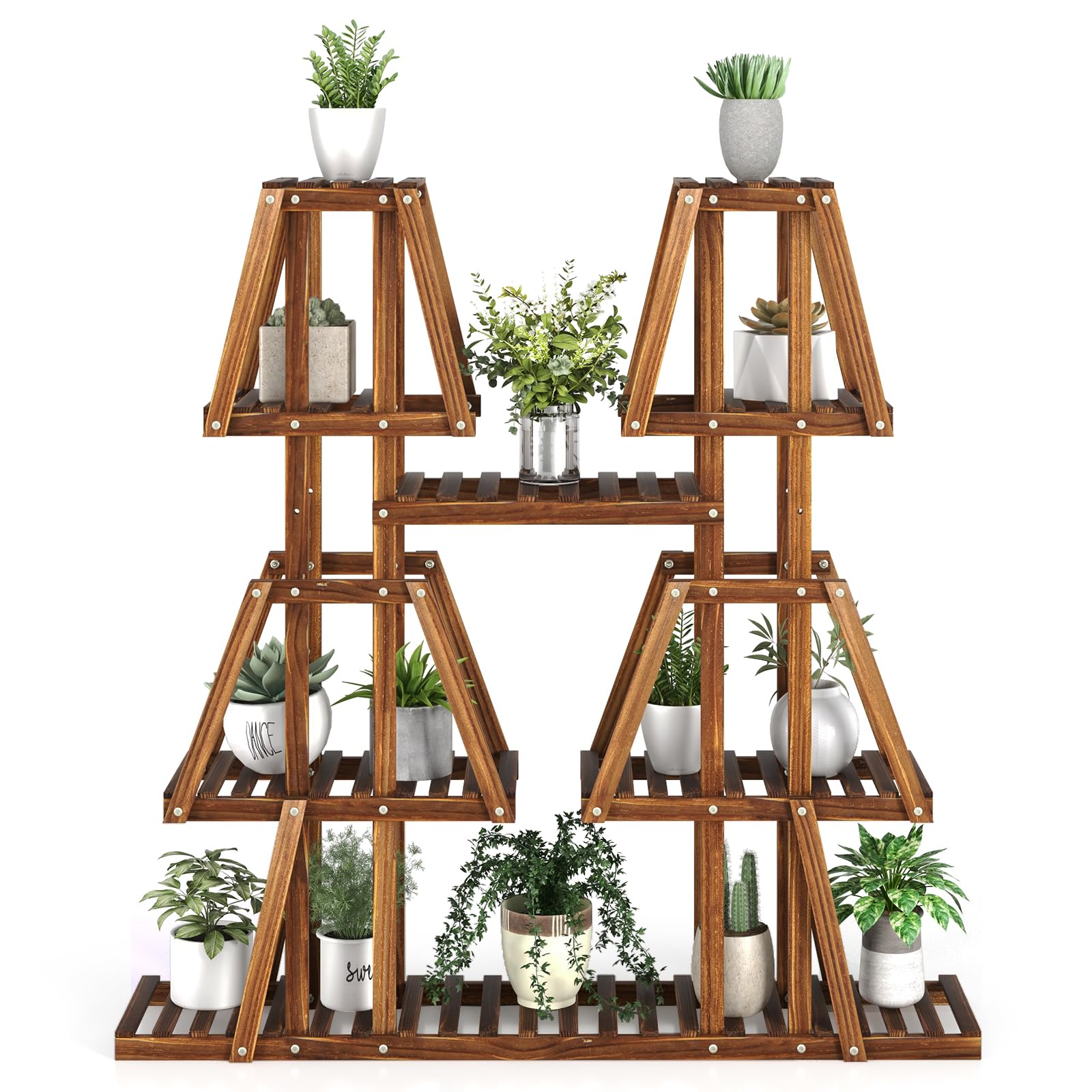 Giantex Wood Plant Stand, 5-Tier 10 Potted Trapezoid Plant Holder Rack for Multiple Plants
