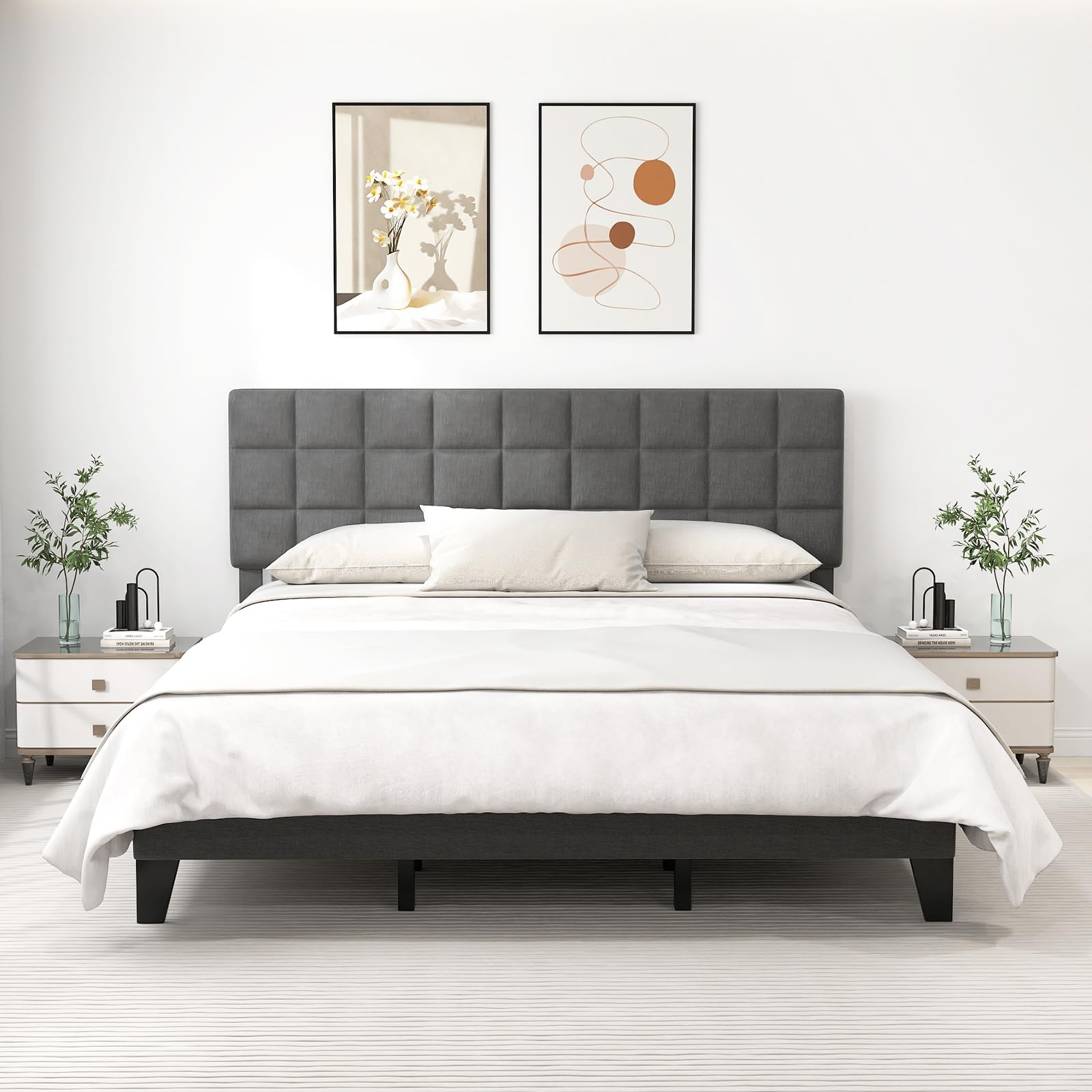 Giantex Full Size Platform Bed, Linen Fabric Upholstered Bed Frame with Adjustable Headboard & Wooden Slat Support