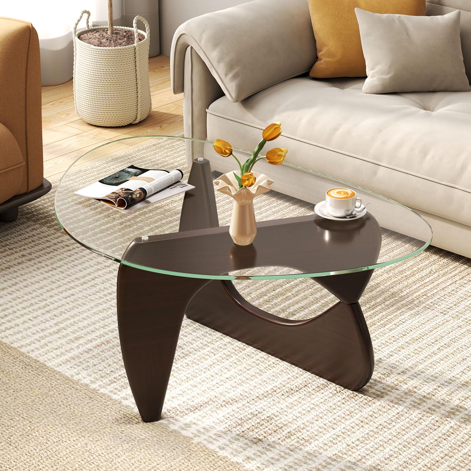 Giantex Triangle Glass Coffee Table, Solid Wood Tea Table with Tempered Glass Top & Adjustable Base