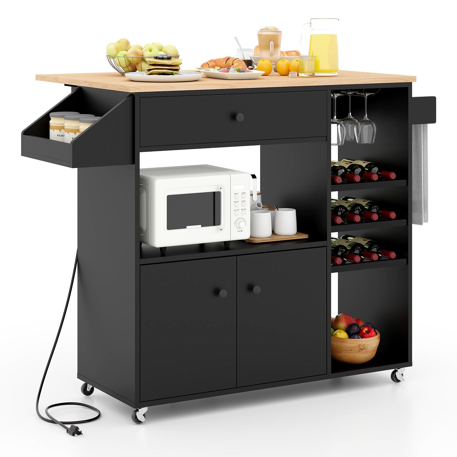 Giantex Rolling Kitchen Island Cart with Drop Leaf, Power Outlet, Spice Rack, 12 Wine Rack