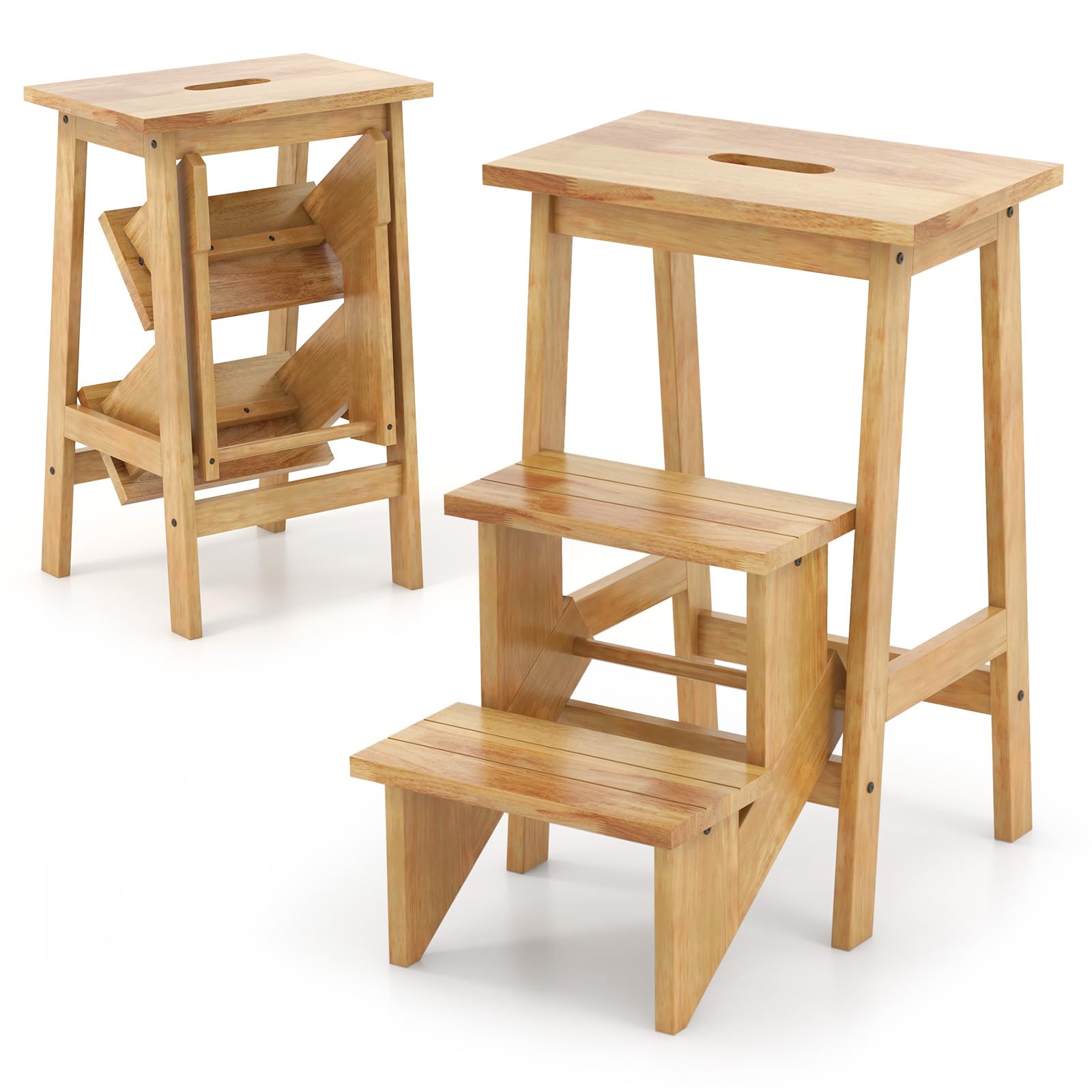 Giantex Folding 3 Tier Step Ladder, Multipurpose 3-in-1 Wood Step Stool with Anti-Slip (Natural)