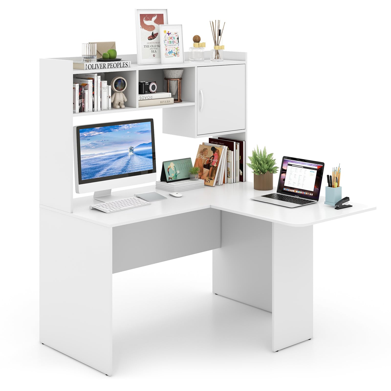 Giantex L Shaped Desk with Hutch, Corner Computer Desk with Storage Shelf & Cabinet