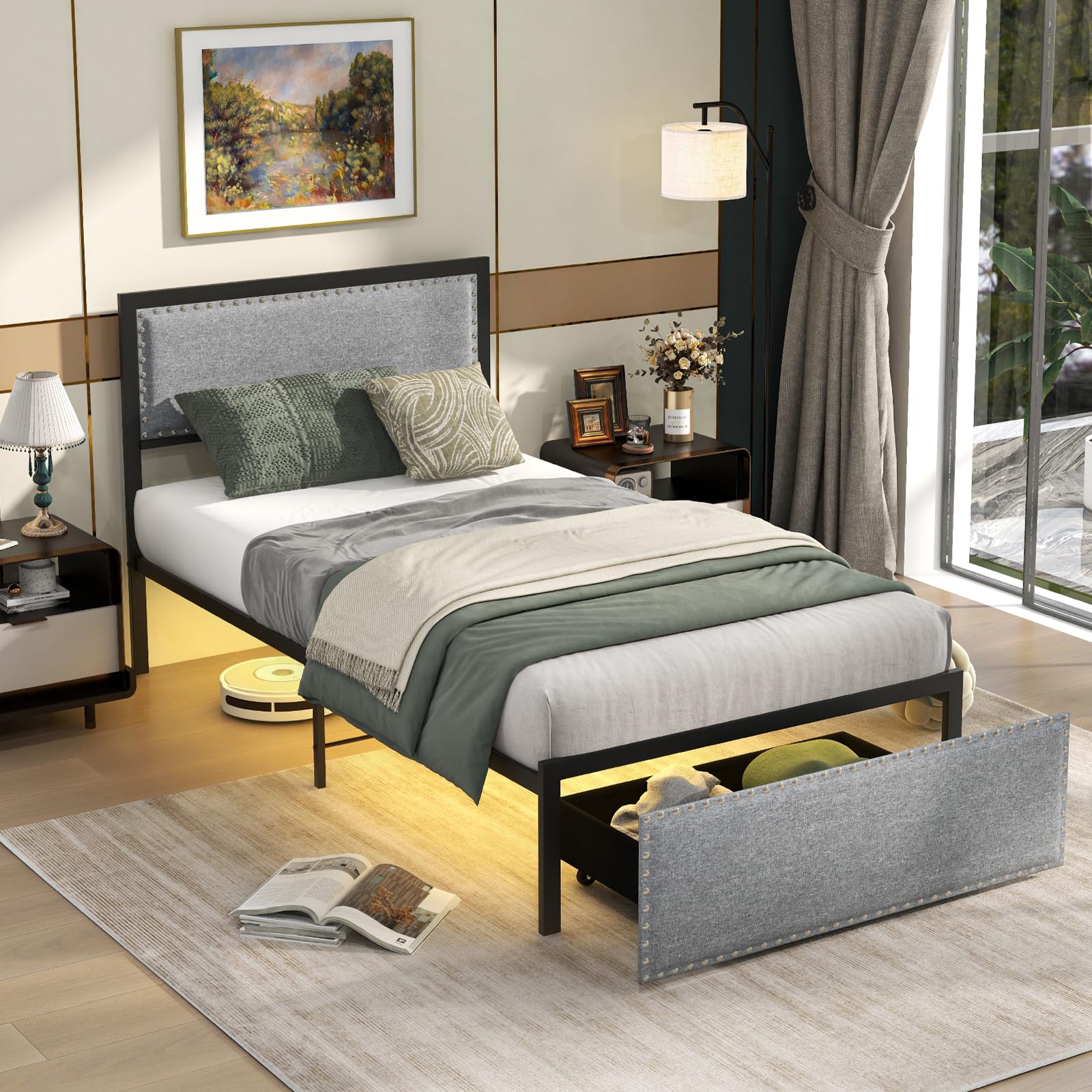 Giantex Bed Frame with LED Lights and 2 Storage Drawers