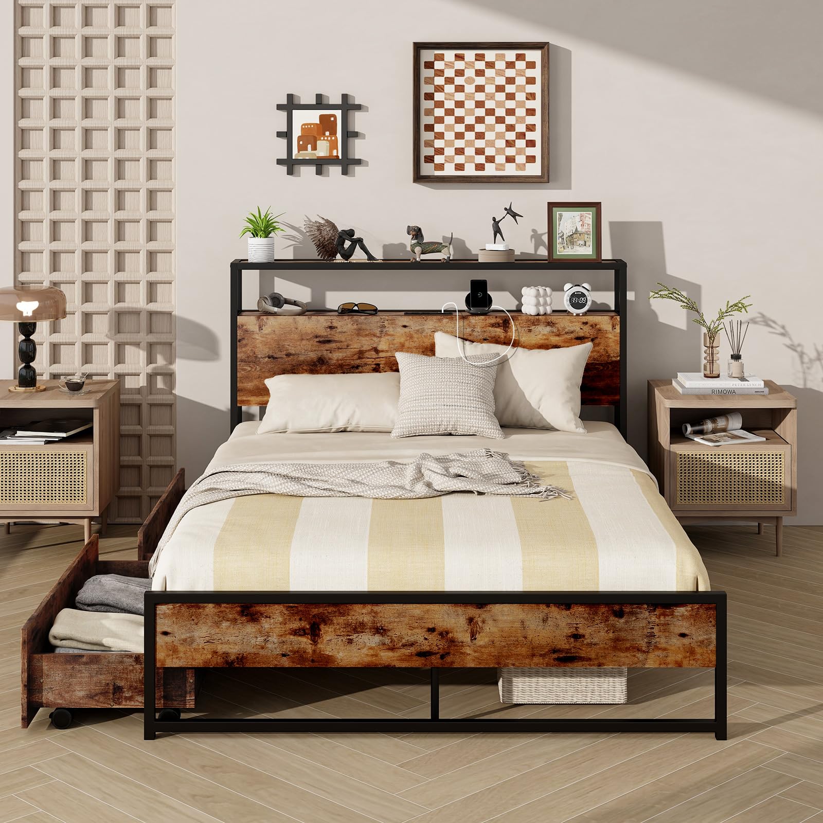 Giantex Bed Frame with 2-Tier Storage Headboard