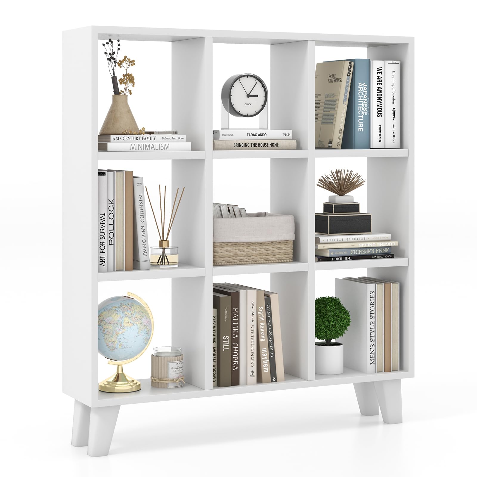 Giantex 9-Cube Open Bookcase, 3-Tier Freestanding Bookshelf with 4 Slanted Legs & 6 Removable Shelves