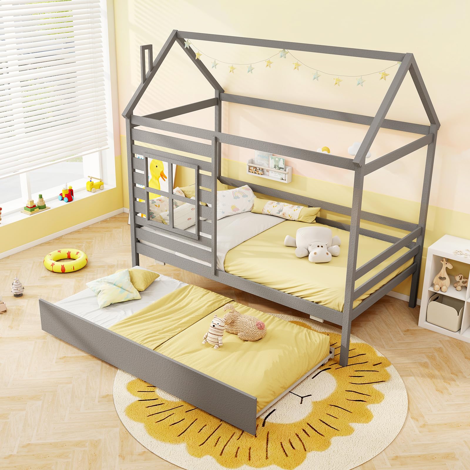 Giantex Twin House Bed with Trundle Bed Twin, Wooden Twin Bed Frames with Roof, Chimney & Window