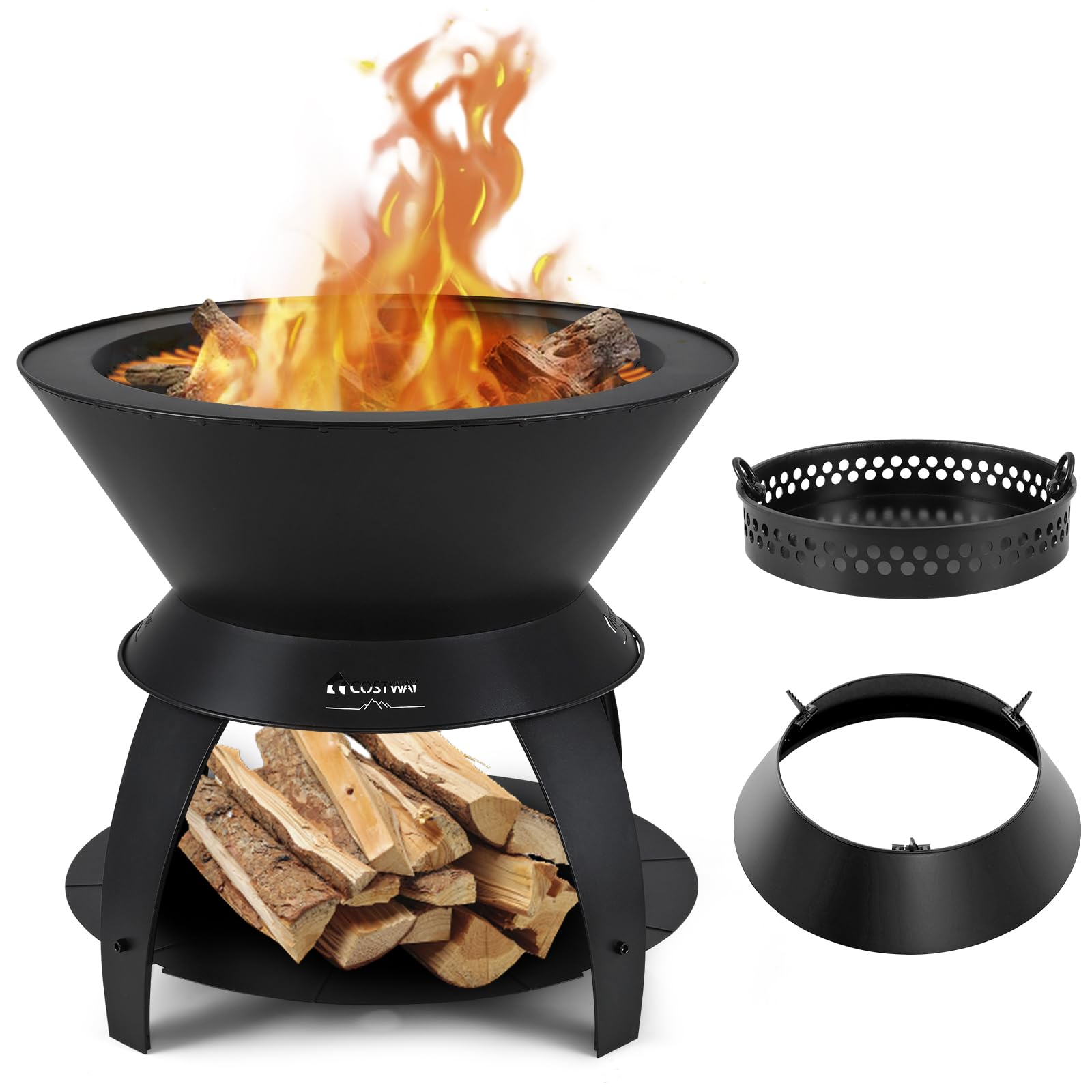 Giantex 3-in-1 Smokeless Fire Pit, 20" Wood Burning Firepit w/Removable Wok Ring & Ash Pan