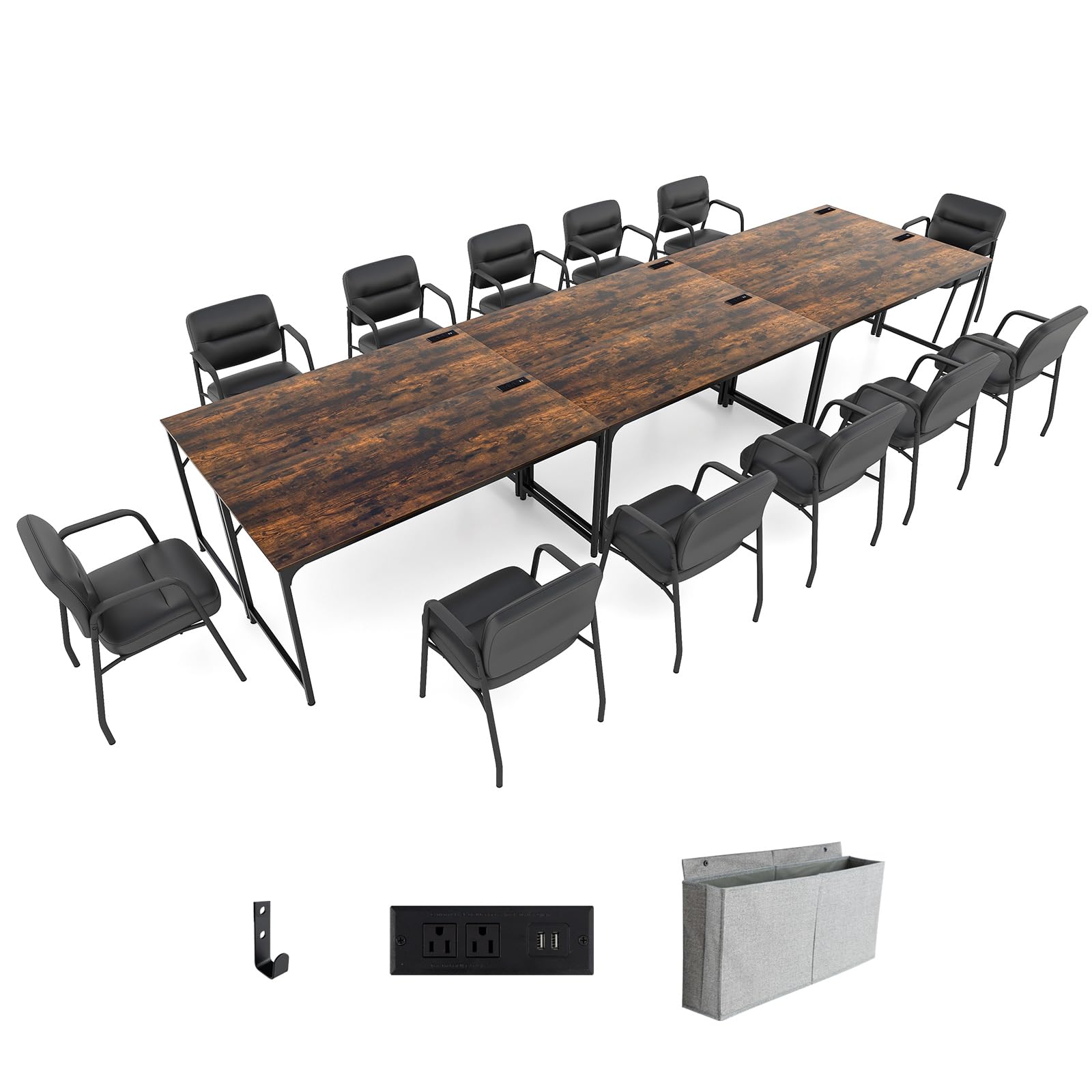 Giantex 30 FT Conference Table with Charging Station, 60" x 24" Rectangular Large Meeting Room Desk with Storage Bag & Hook