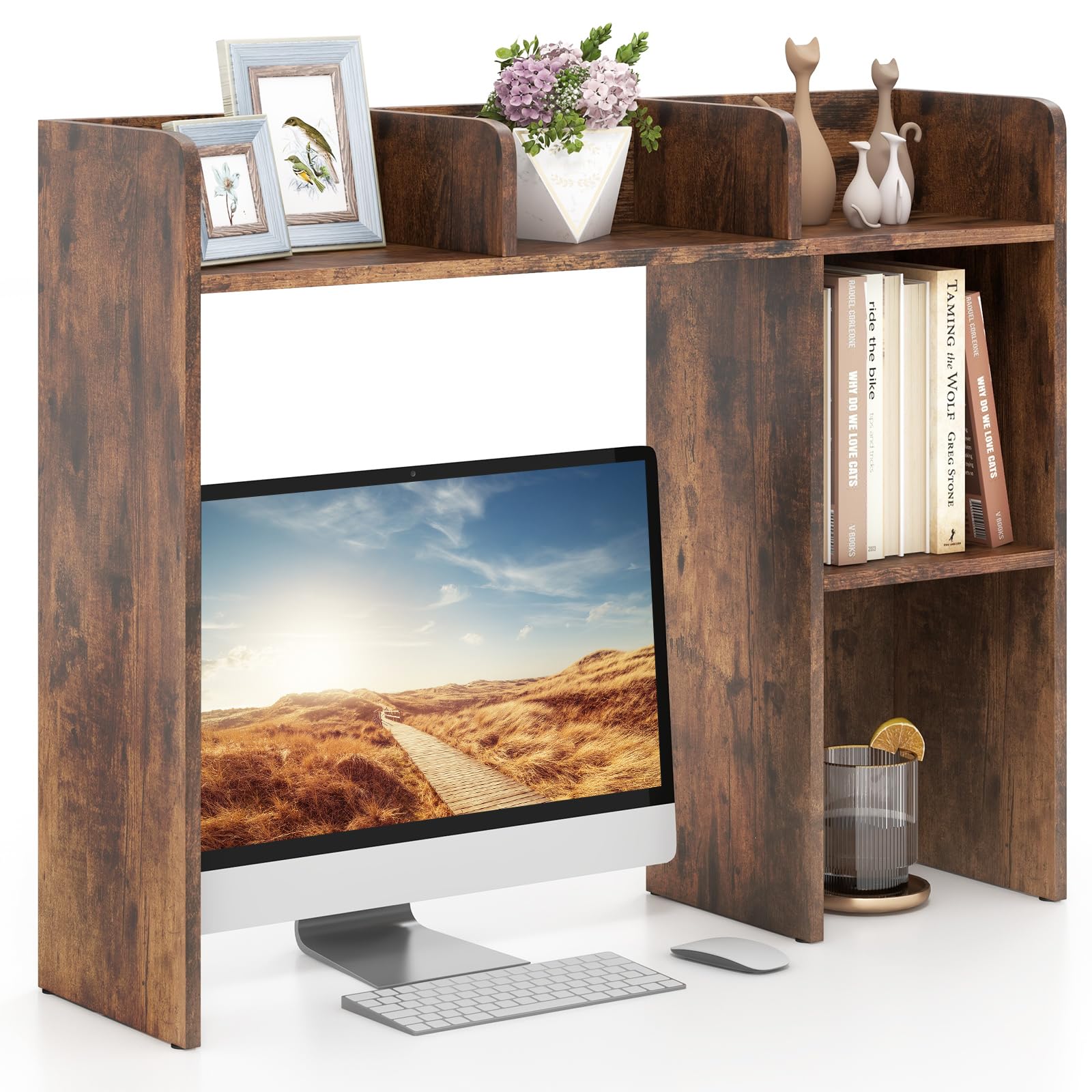 Giantex Desktop Bookshelf, Wood Desk Hutch Organizer for 27 Inch Computer Monitor