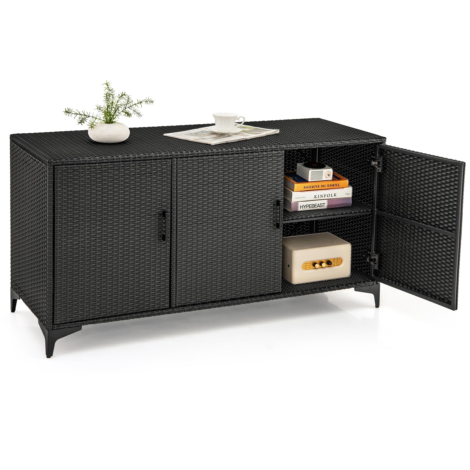 Giantex 84-Gallon Wicker Deck Box - Patio Storage Cabinet, 3-Door PE Rattan Storage Container with Removable Shelves