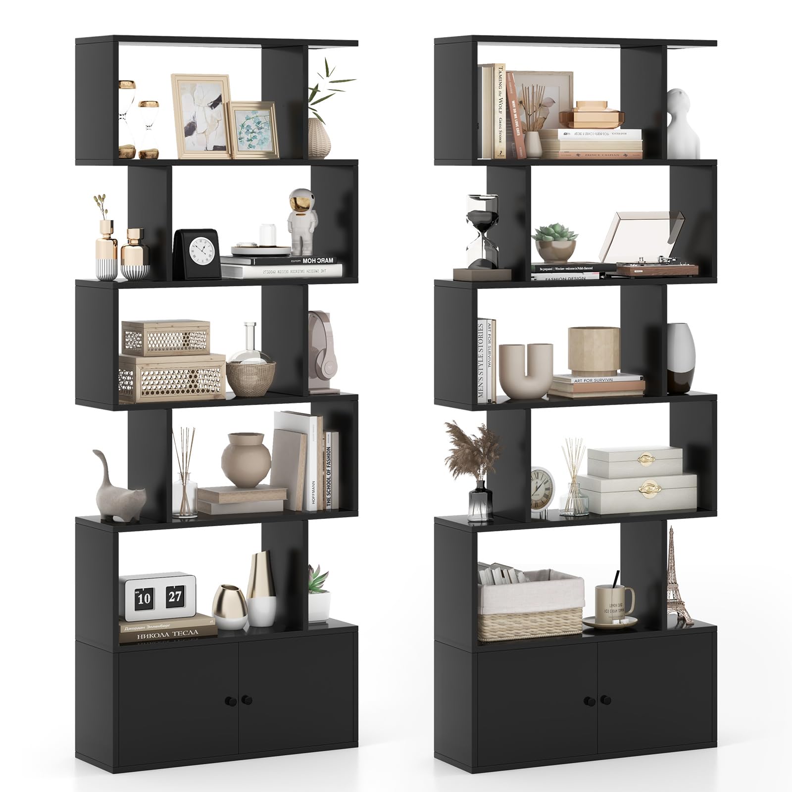 Giantex Set of 2 6-Tier Geometric Bookcase with Cabinet