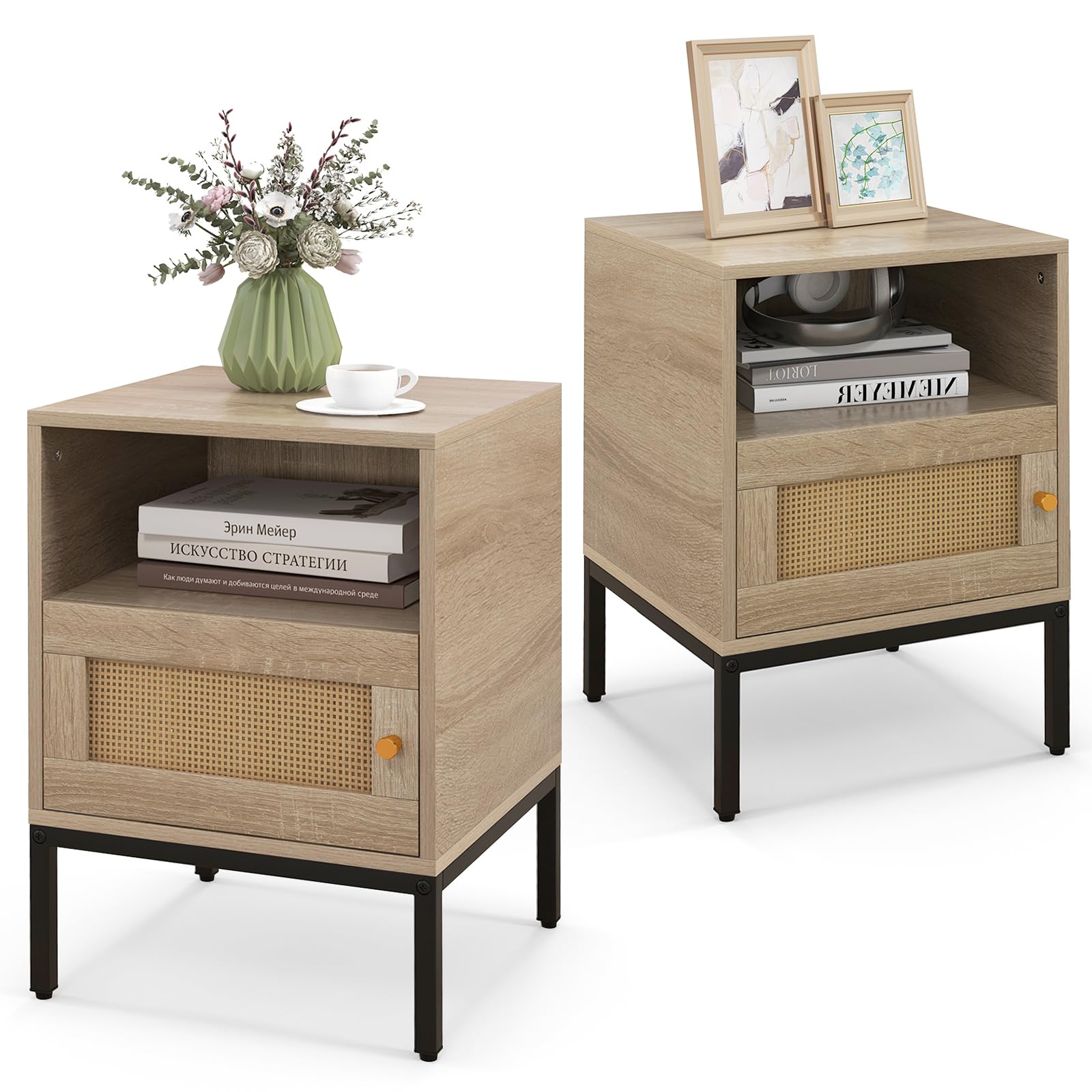 Giantex Rattan Nightstand, Boho Night Stand with Open Storage Shelf & Rattan Decorative Door