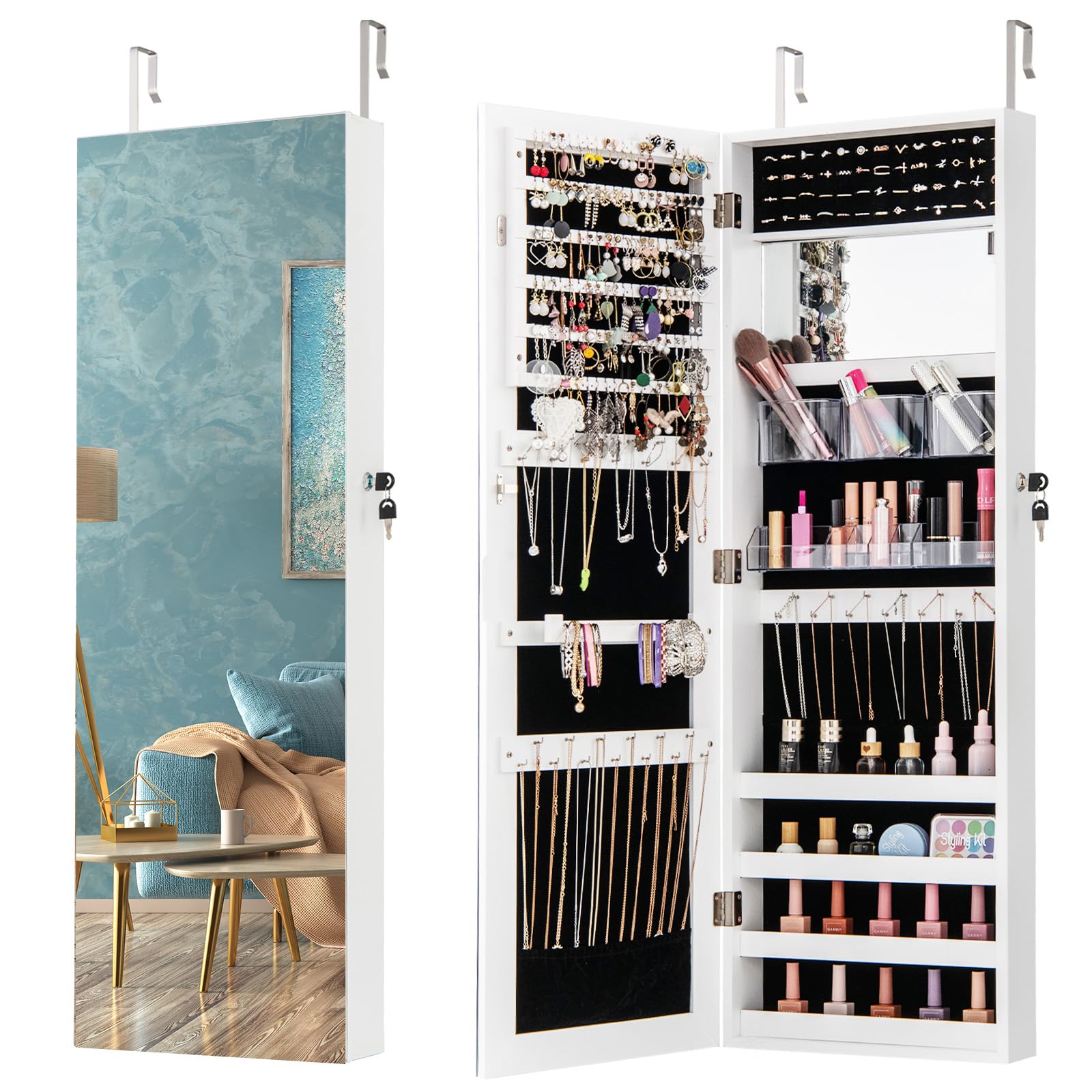 CHARMAID Jewelry Cabinet Wall or Door Mounted, Hanging Lockable Jewelry Armoire Storage with Full Length Mirror