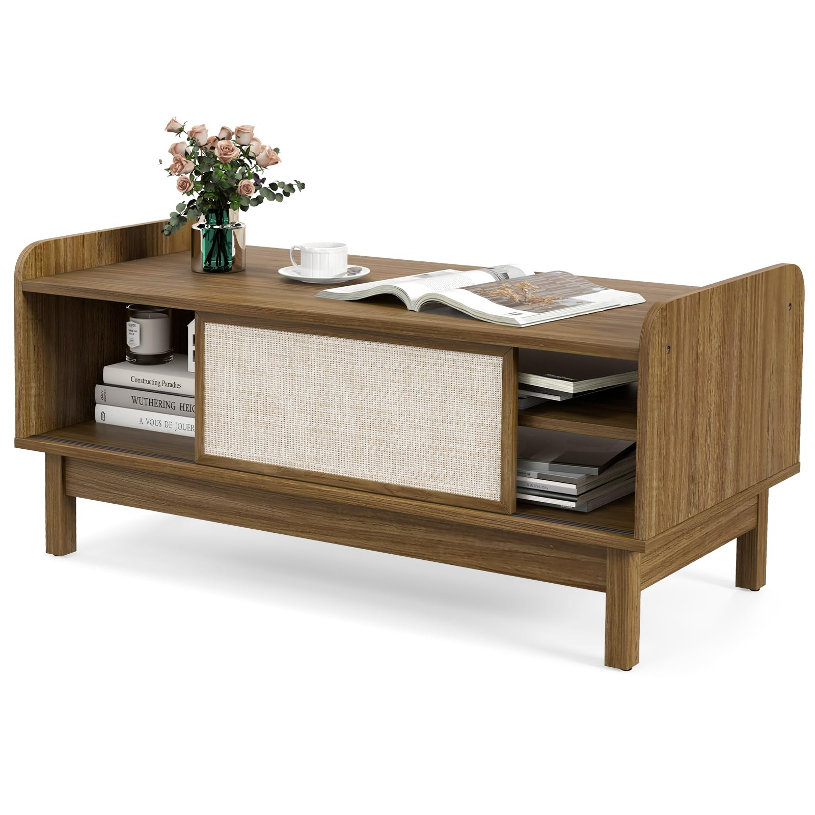 Giantex Coffee Table with Storage and Sliding Doors, Mid-Century Modern Coffee Table with Adjustable & Removable Shelf