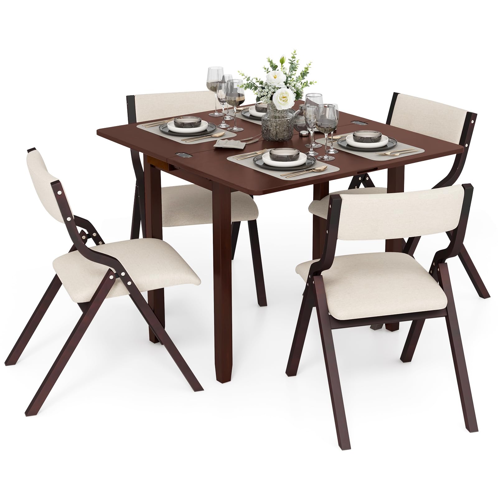 Giantex Dining Table Set for 2 OR 4, Kitchen Table Chairs Set, Expandable Dining Table with Upholstered Folding Dining Chairs