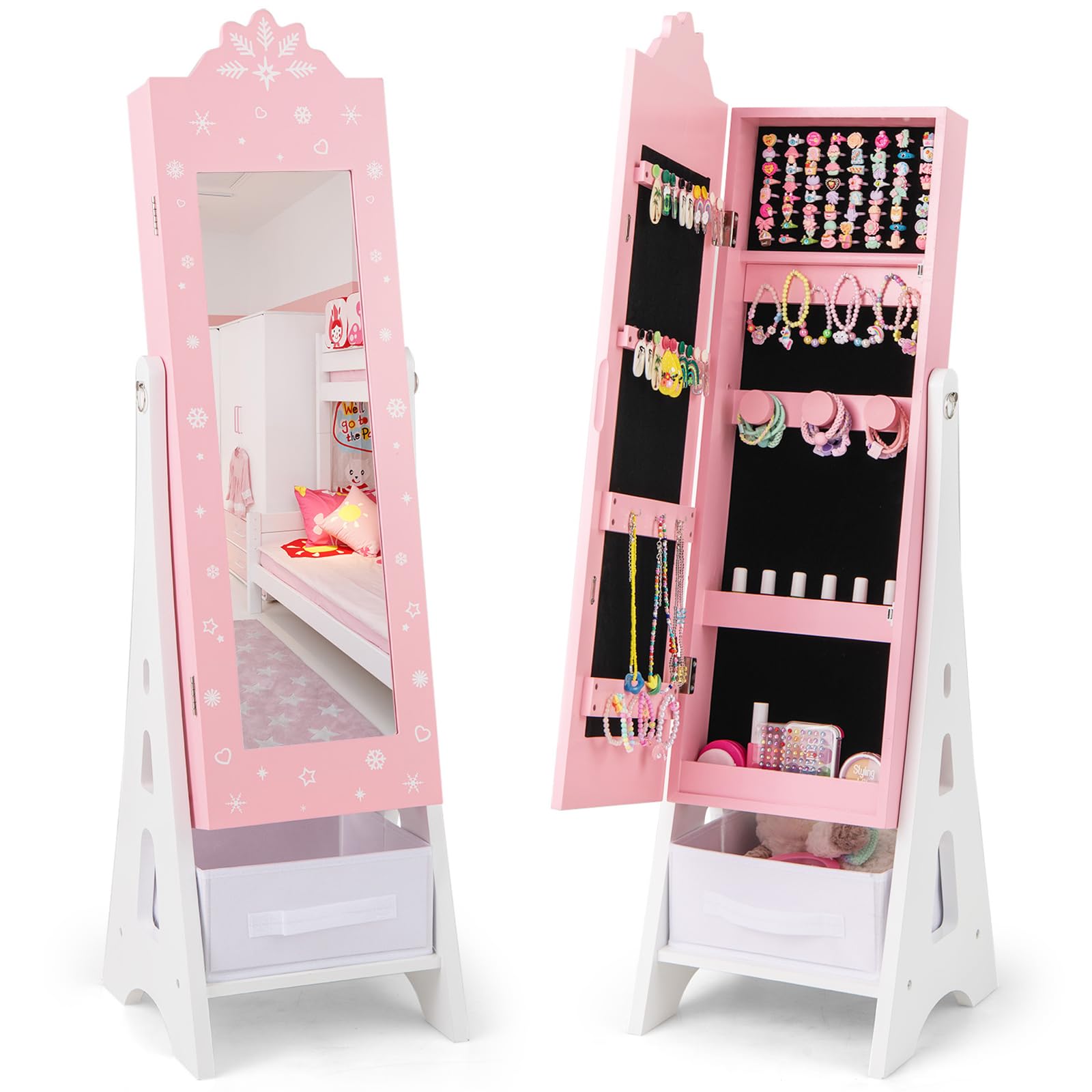 CHARMAID Kids Mirror Jewelry Cabinet - Standing Full Length Mirror with Jewelry Storage