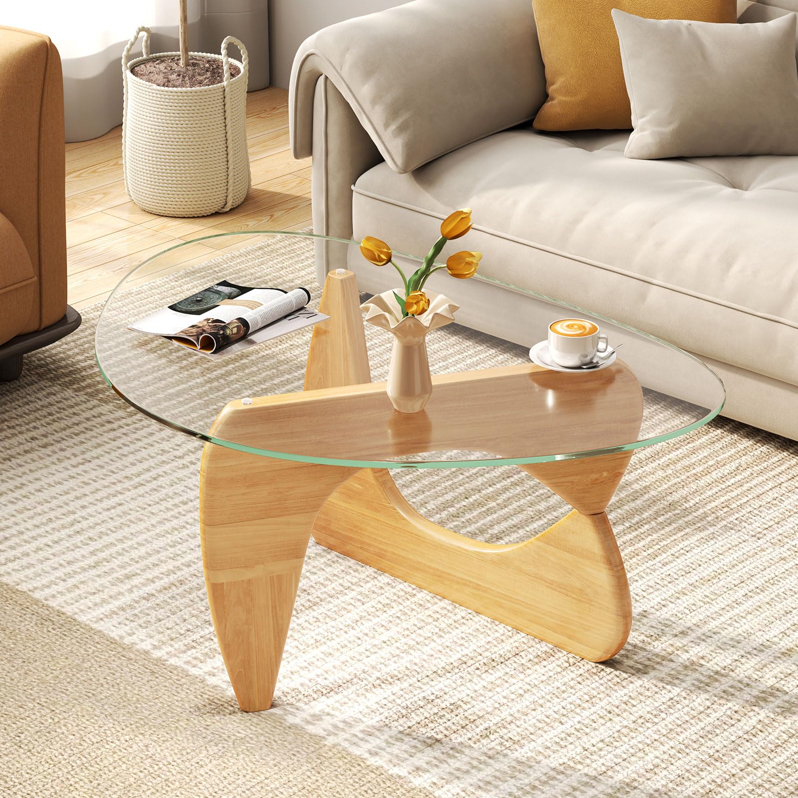 Giantex Triangle Glass Coffee Table, Solid Wood Tea Table with Tempered Glass Top & Adjustable Base