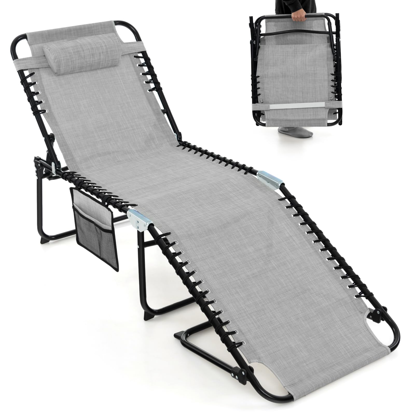 Giantex Patio Lounge Chairs for Outside - Set of 1/2 Folding Tanning Chair w/Headrest, 4 Adjustable Positions, Side Pocket