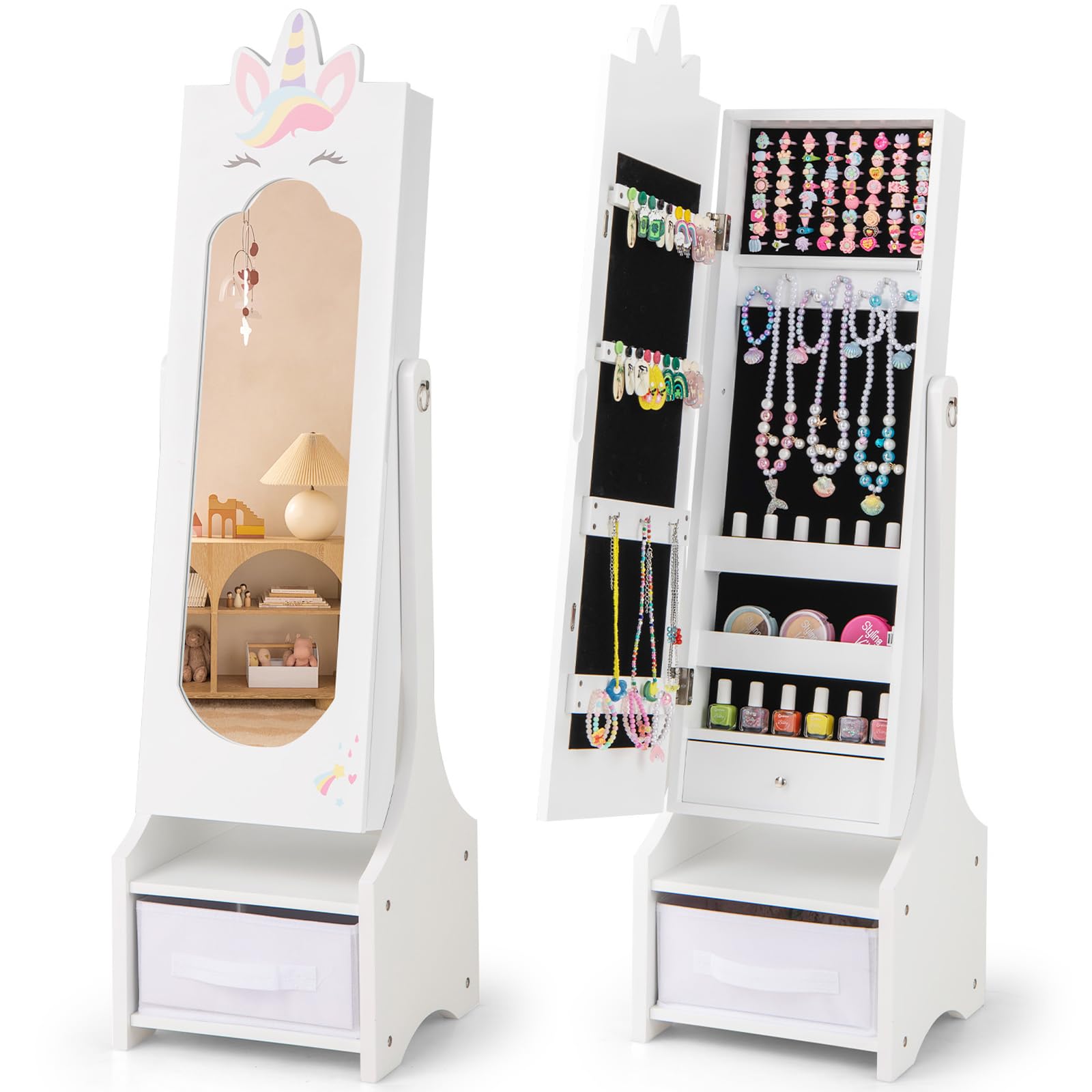 CHARMAID Kids Mirror Jewelry Cabinet - 45.5" Standing Jewelry Armoire with Full Length Mirror