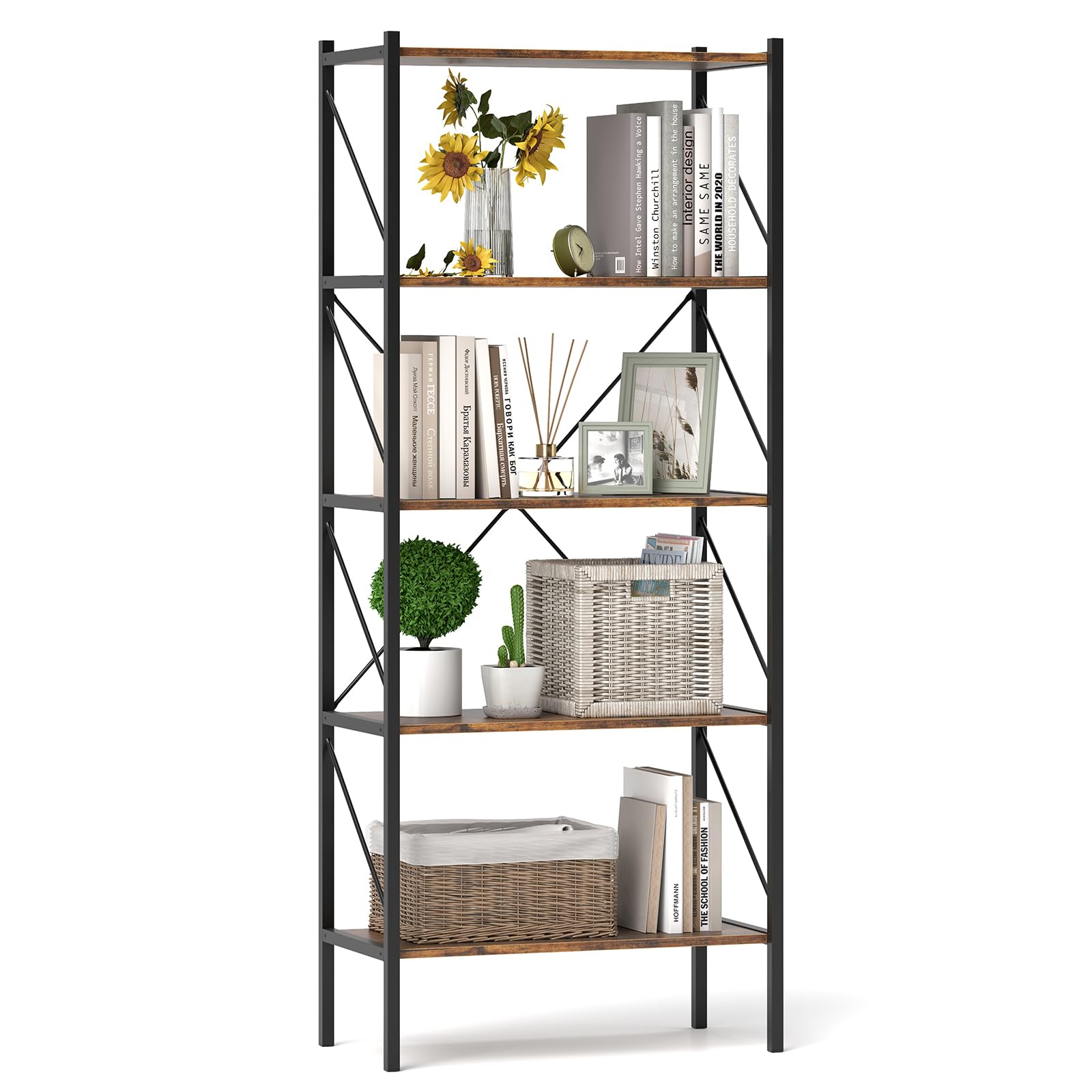 Giantex 5-Tier Bookshelf, Industrial Tall Bookcase with Open Storage Shelves & Heavy Duty Metal Frame