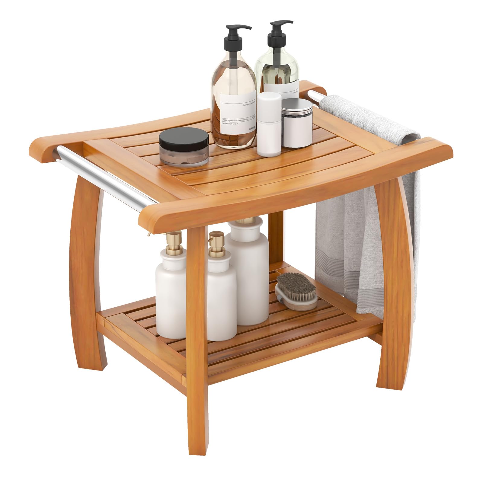 Gaintex Teak Shower Bench with Handles and Storage Shelf, Teak Shower Stool for Shaving Legs, Non-Slip Foot Pads