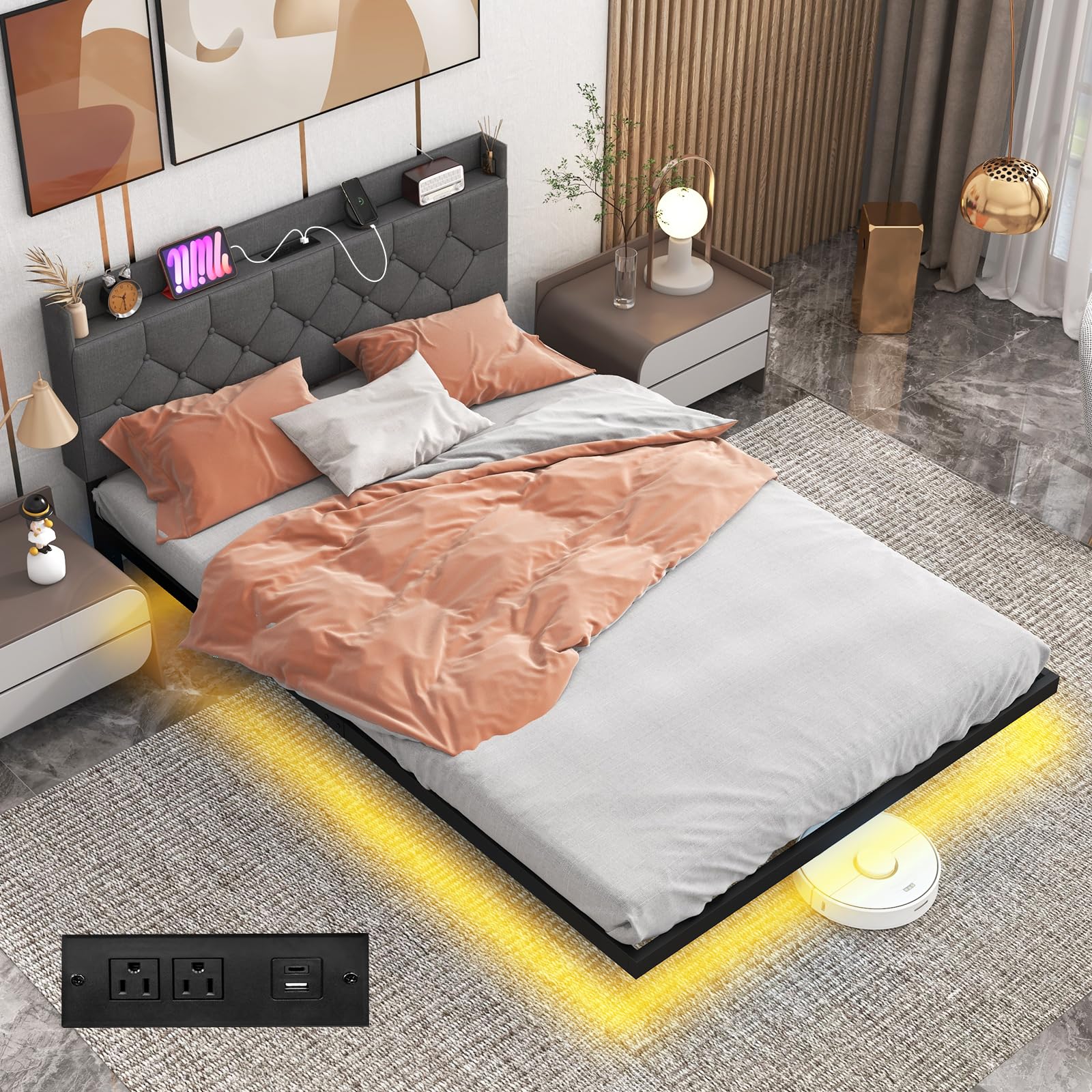 Giantex Floating Bed Frame with LED Lights, Modern Platform Bed with Adjustable Upholstered Headboard & Charging Station