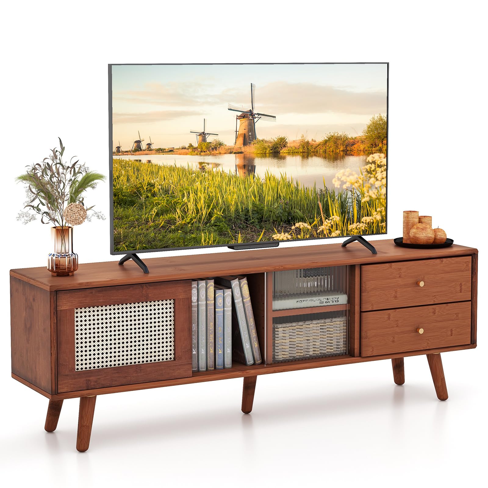 Giantex Bamboo TV Stand for 55 60 65 Inch TV, PE Rattan Entertainment Center with Sliding Doors