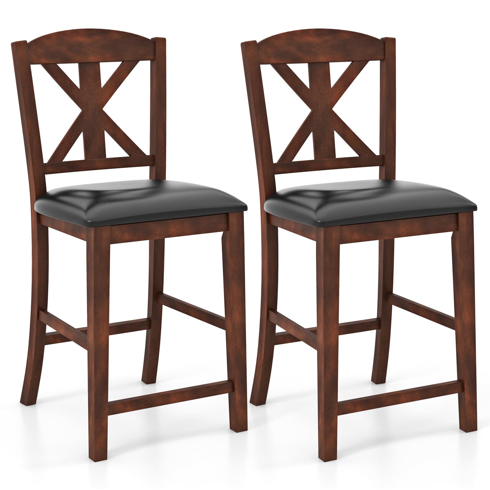 Giantex Wood Bar Stools Set, 24" Upholstered Counter Height Bar Chairs w/Hollowed High Back