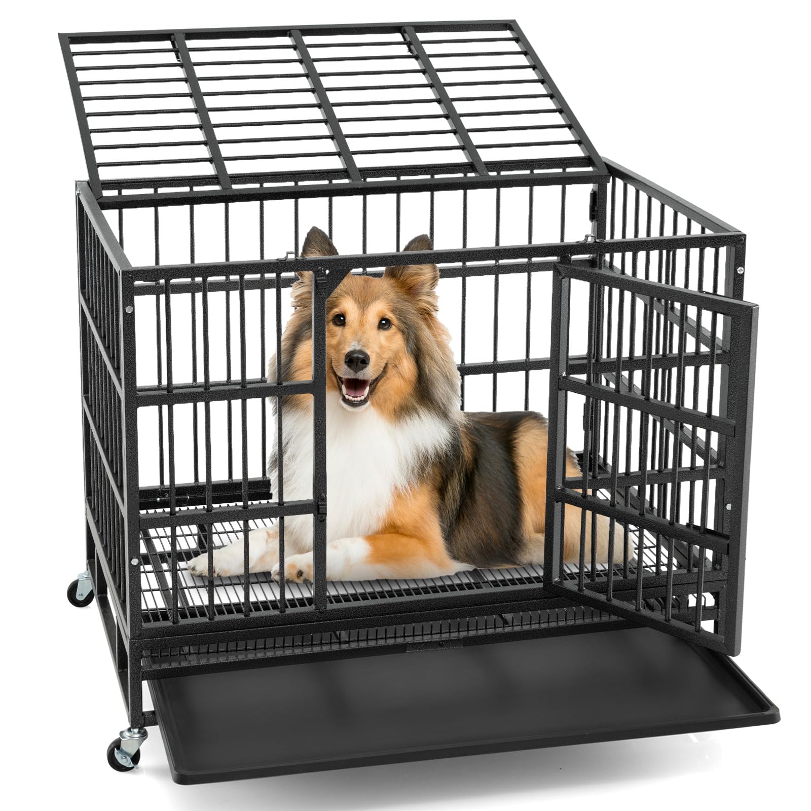 Giantex Heavy Duty Dog Crate, Escape Proof Metal Dog Cage with Double Door