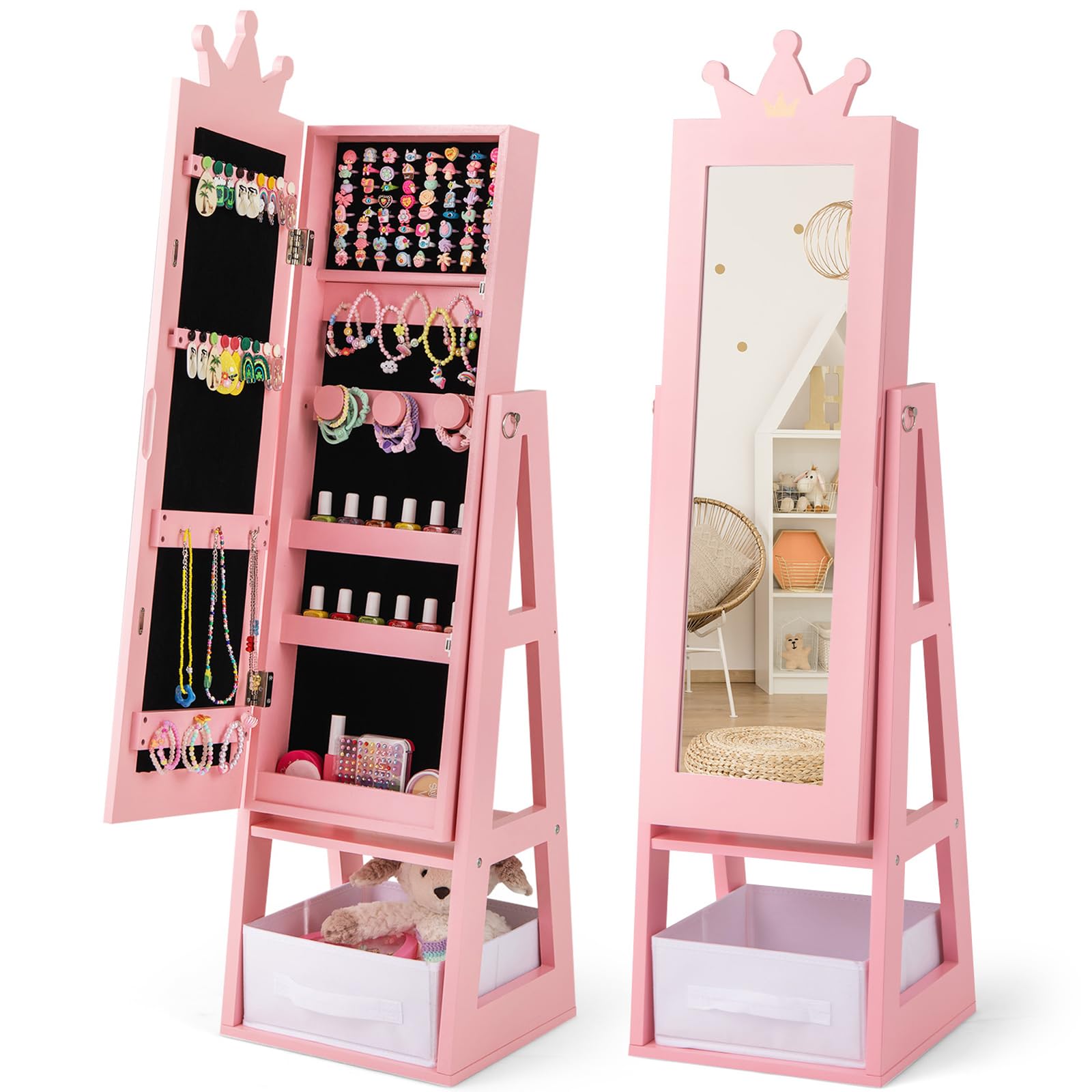 CHARMAID Kids Mirror Jewelry Cabinet - 45.5'' Standing Jewelry Armoire with Full Length Mirror