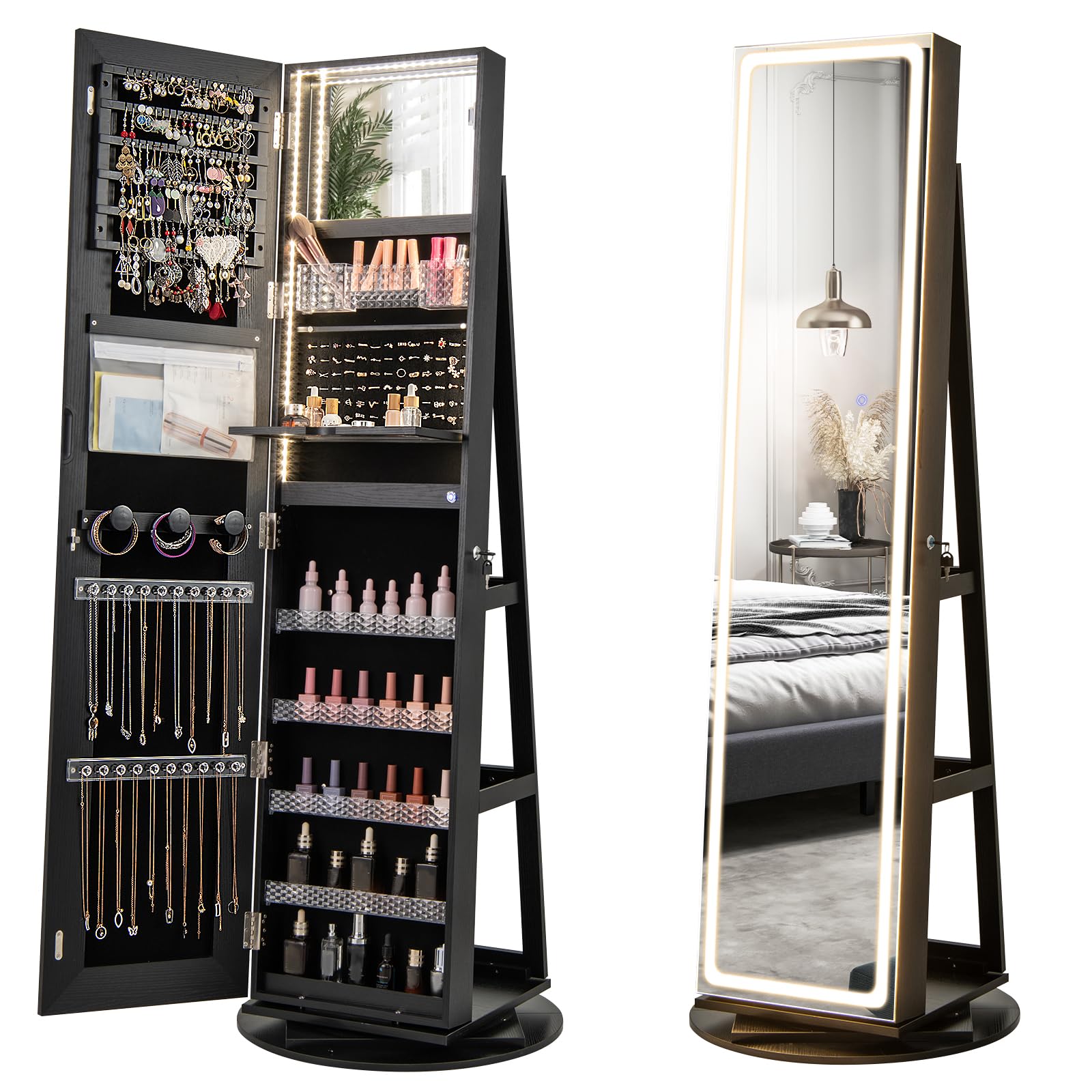 CHARMAID LED Mirror Jewelry Cabinet Armoire 360° Swivel, 63" H 3-Color Lighted Full Length Mirror