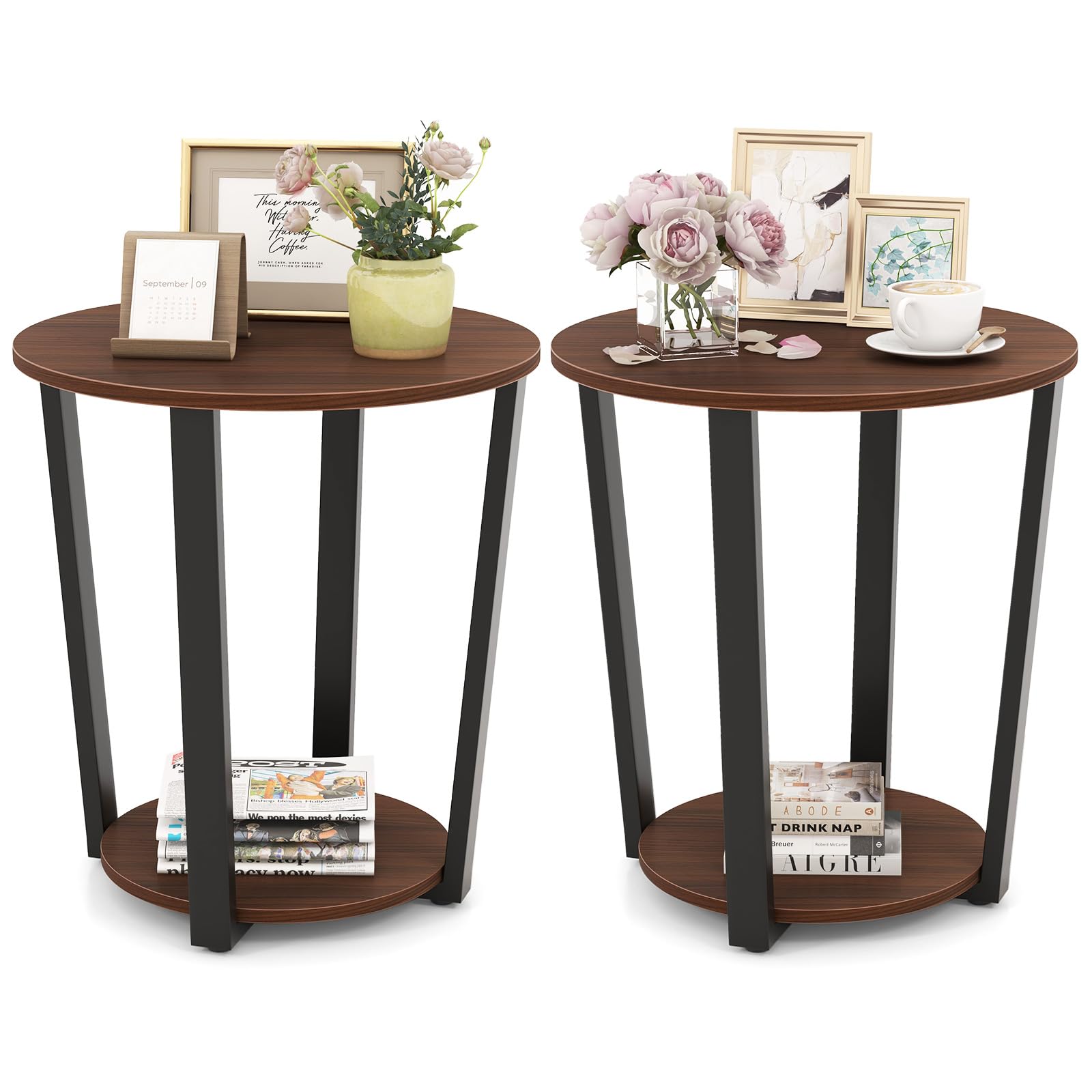 Giantex Round End Table Set of 1/2, 2-Tier Side Sofa Table with Open Storage Shelf and Metal Frame