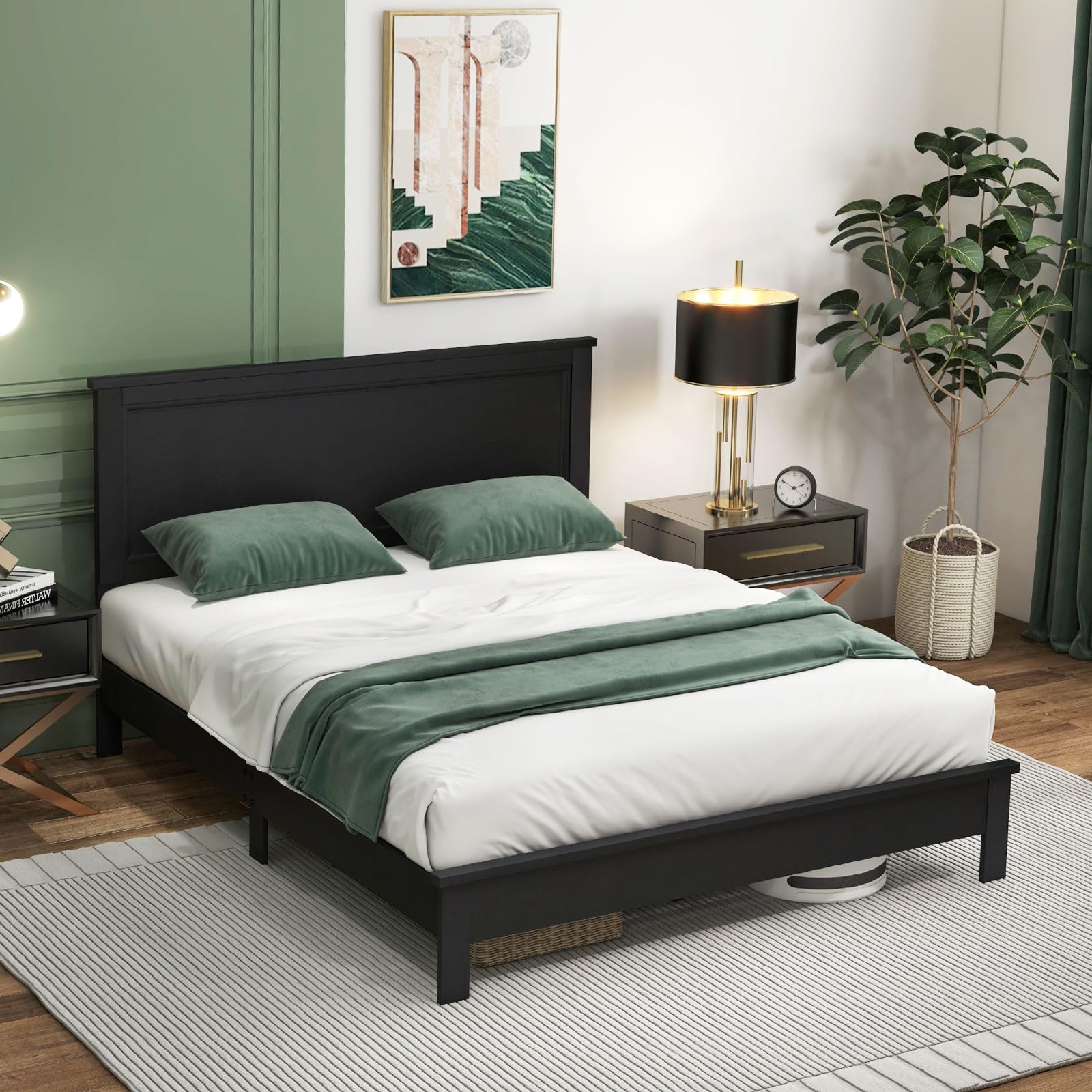 Giantex Wood Platform Bed Frame with Headboard, Mid Century Bed Frame with Solid Wood Legs & Wooden Slat Support
