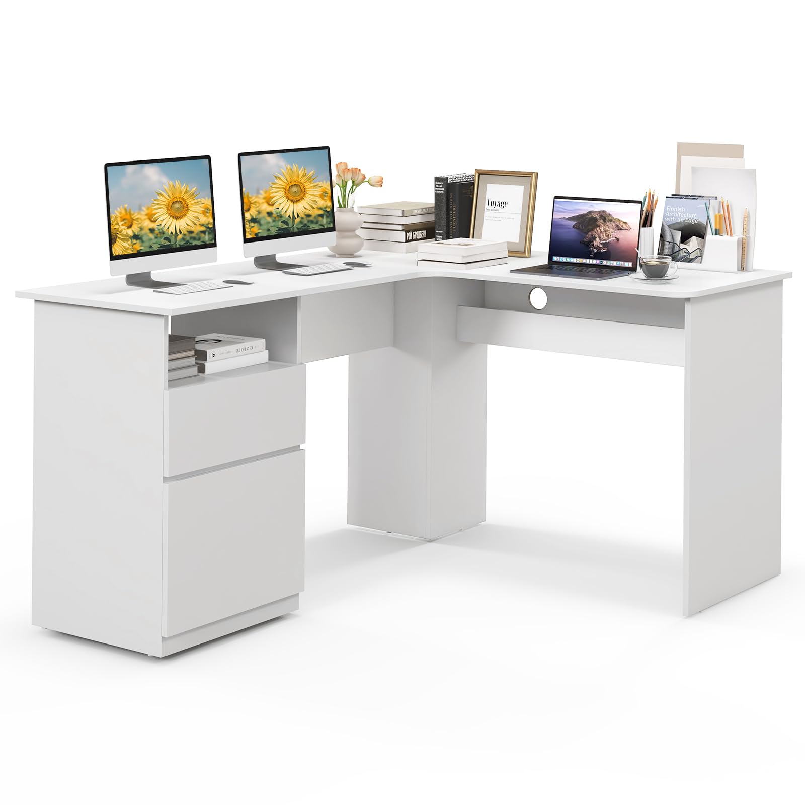 Giantex L Shaped Computer Desk with Drawers, 59" Corner Desk Workstation with Storage Shelf & Cable Holes