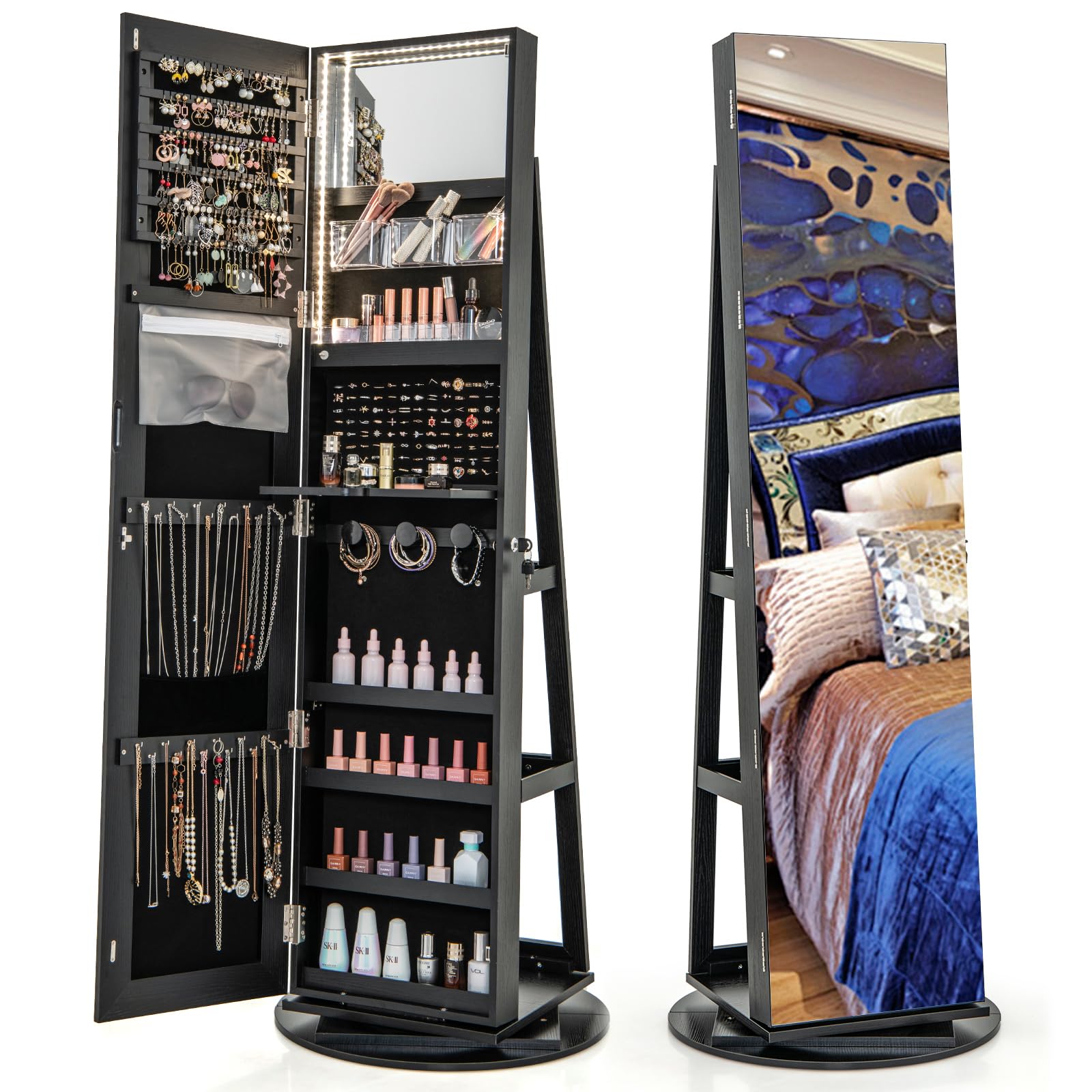 CHARMAID 63.5"H Jewelry Armoire with Full Length Mirror 360 Degree Swivel, 3-Color LED lights